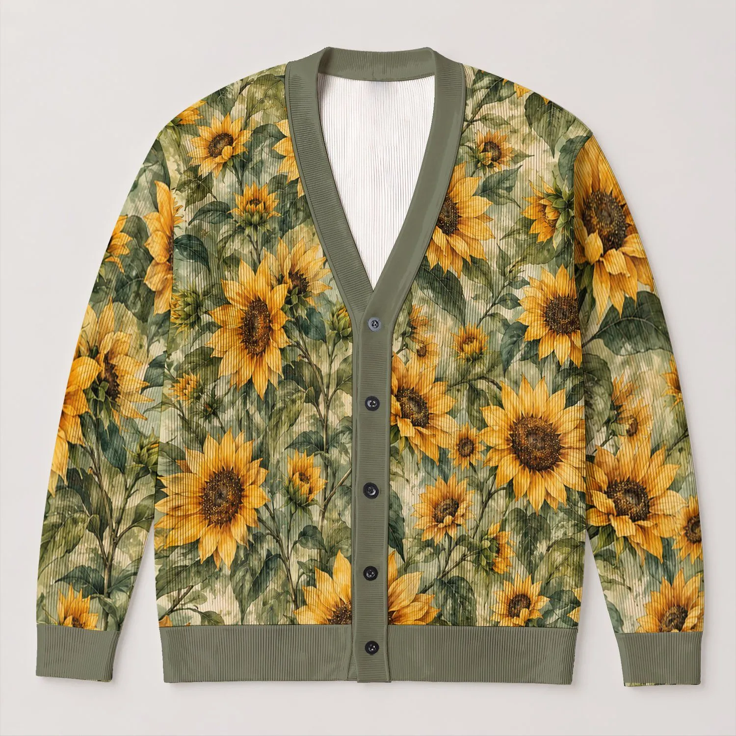 Golden Sunflower Blooms for Relaxed Everyday Country Style All-over Print Knitted Cardigan - 1