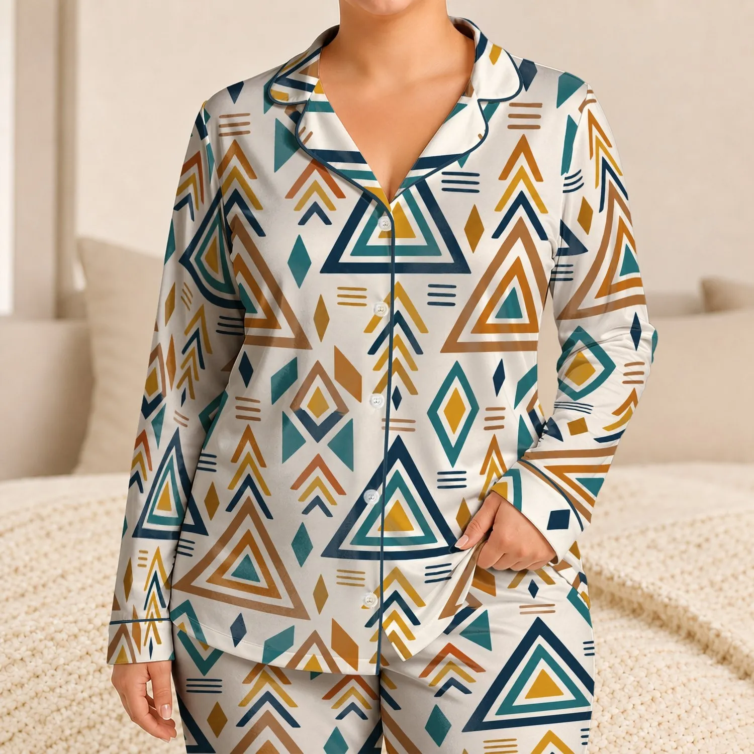 Retro Triangle Motif For Boho Vacations And Cozy Nights In Warm White Loungewear Satin Pajamas Set - 1