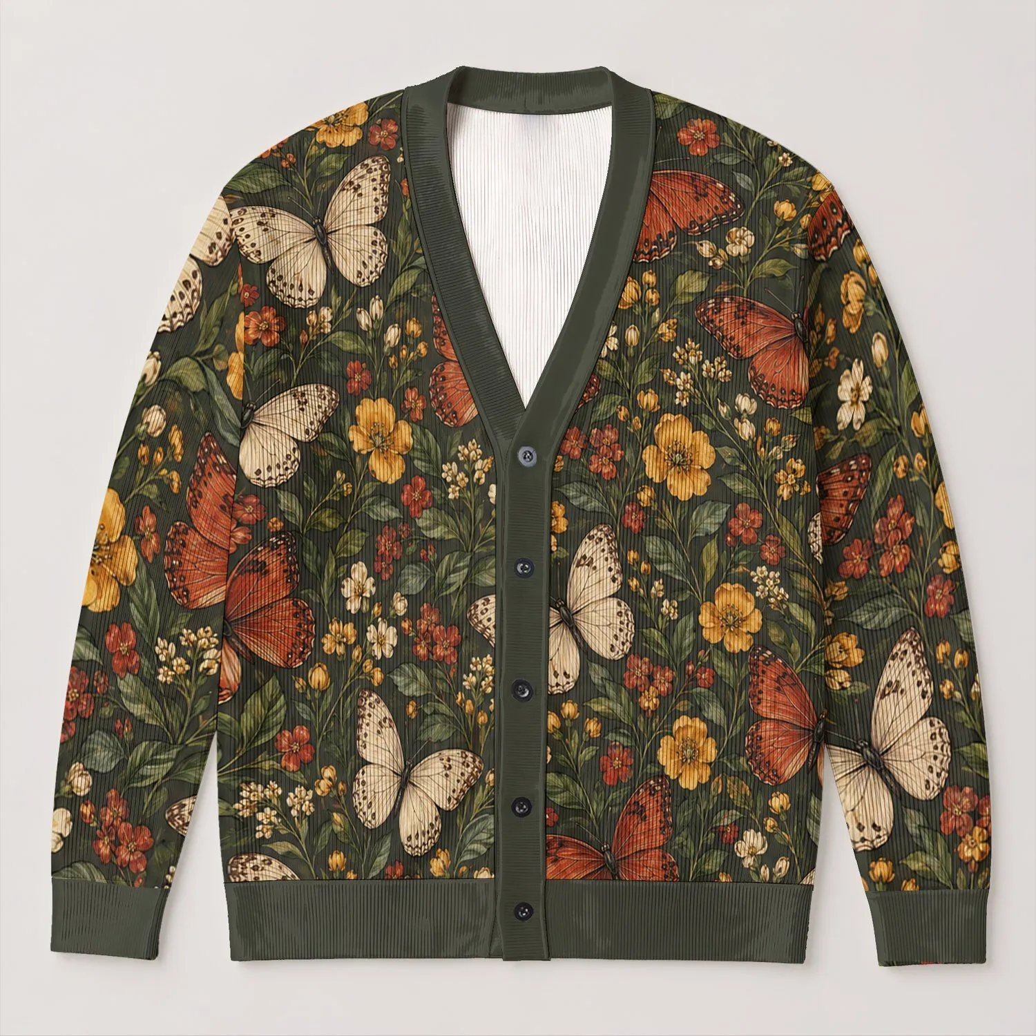 Rust And Ivory Butterflies With Wildflowers For Everyday Nature Inspired Style All-over Print Knitted Cardigan - 1