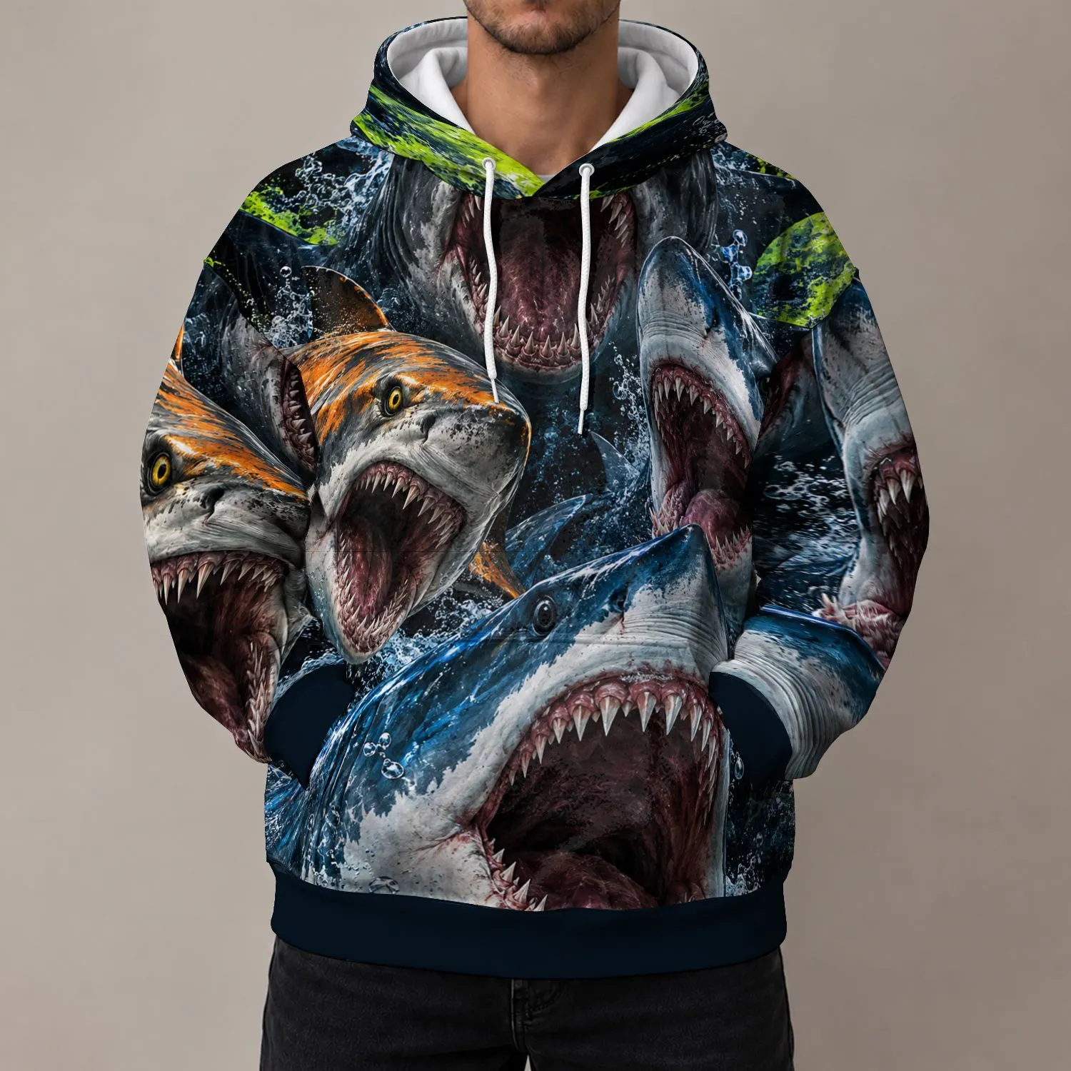 Realistic Multi-Shark Ocean Collage for Bold Coastal Adventure and Everyday Wear All-over Print Hoodie (Lightweight) - 1