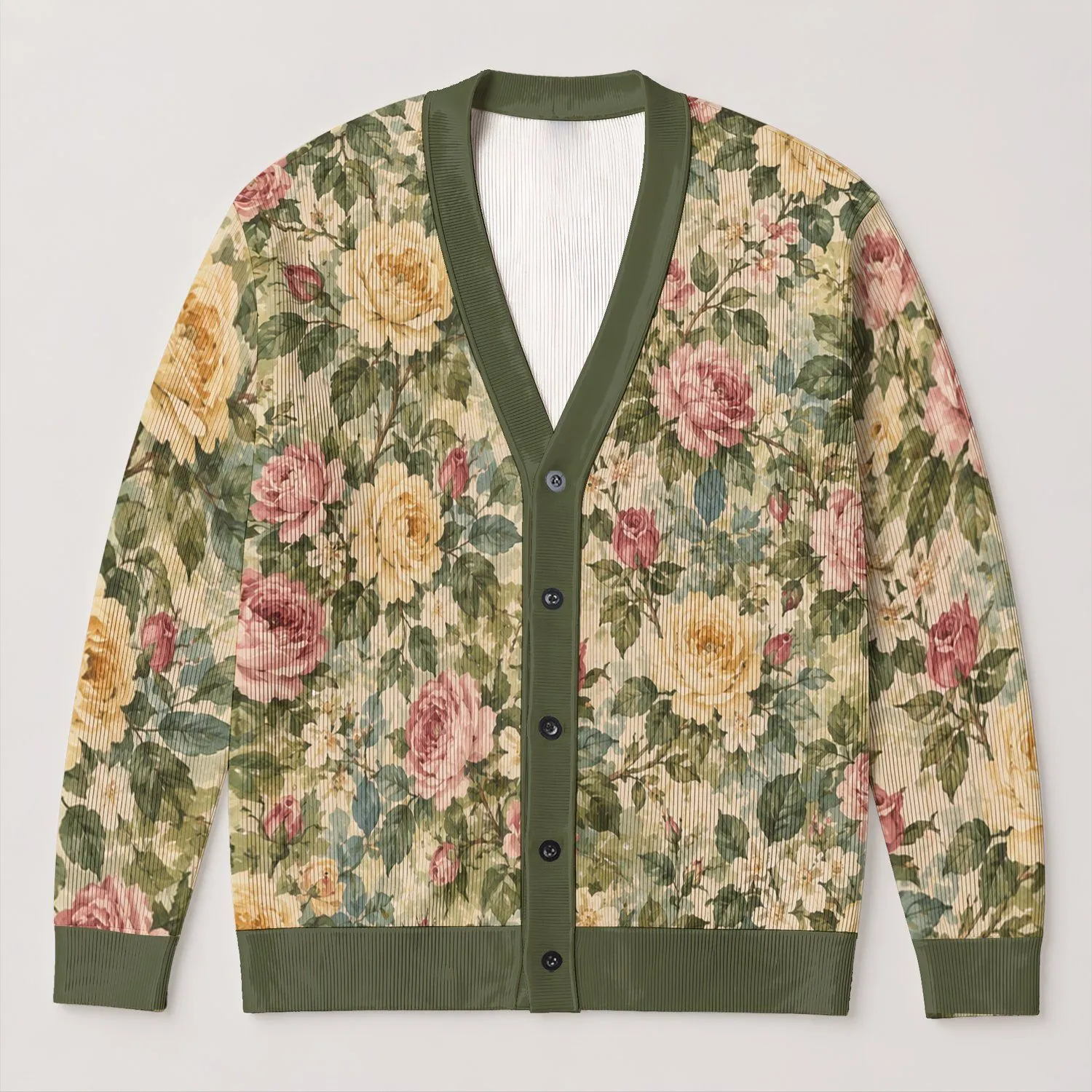 Colorful Vintage Rose Garden Blooms for Relaxed Everyday Layering and Nature Lovers All-over Print Knitted Cardigan - 1