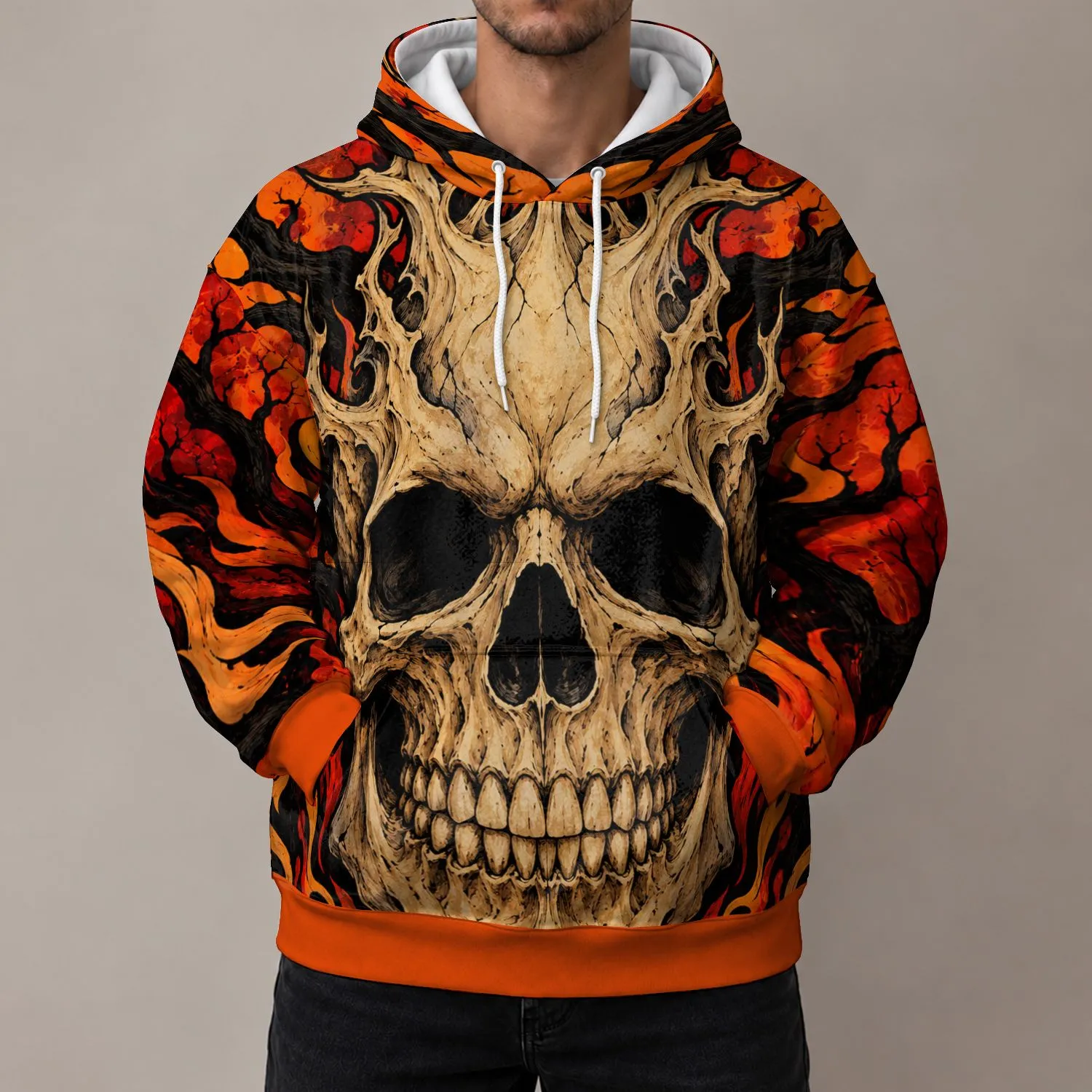 Beige Skull and Ember Flames for Halloween Nights and Autumn Outdoor Style All-over Print Hoodie (Lightweight) - 1