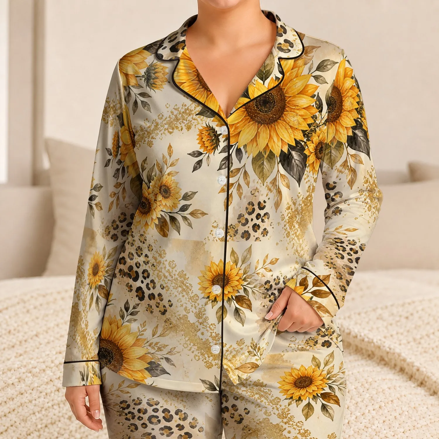 Golden Sunflower Leopard Accent Vacation Style for Summer Getaways and Gift Giving Satin Pajamas Set - 1