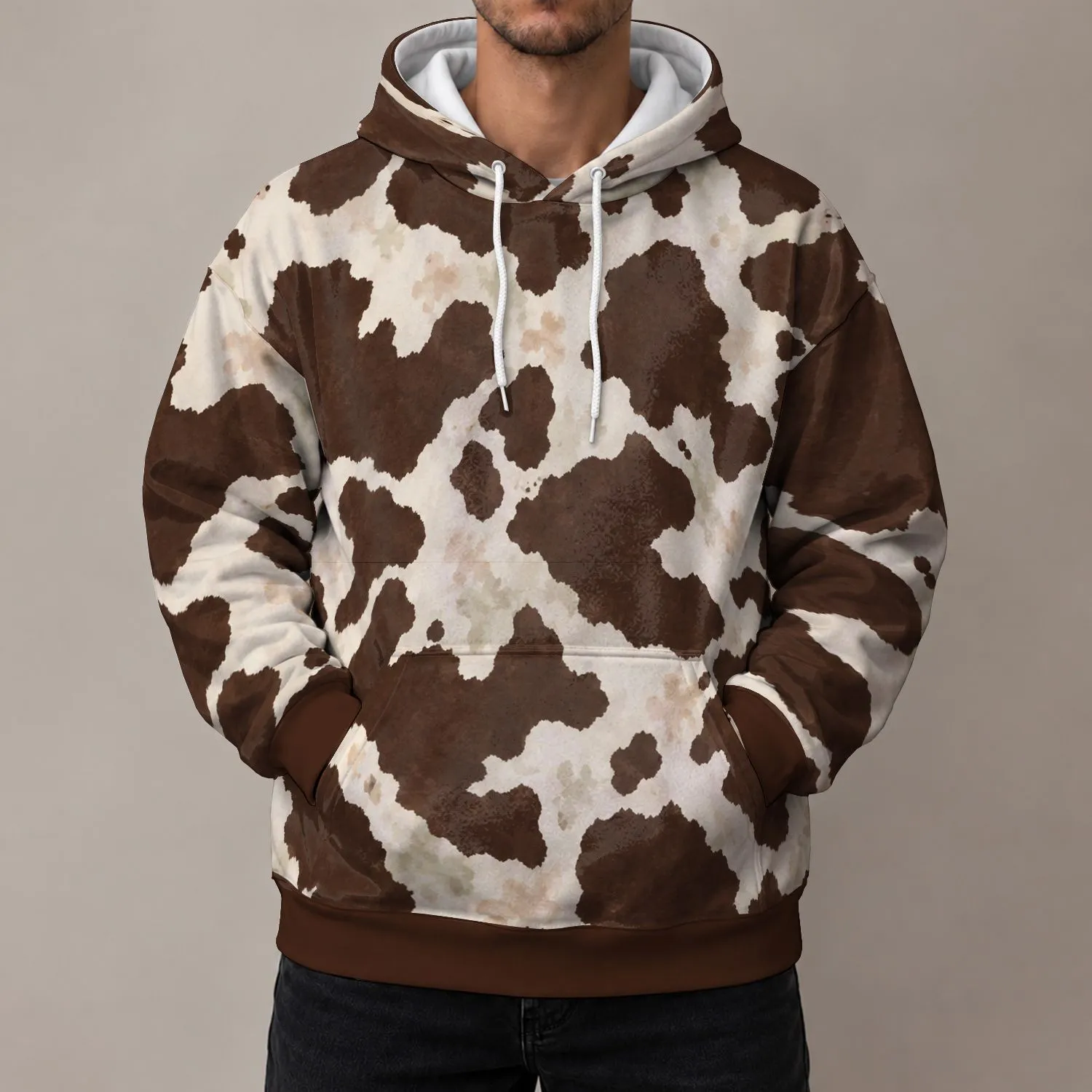 Cream And Chocolate Cowhide Spots For Casual Ranch Style Everyday Wear All-over Print Hoodie (Lightweight) - 1