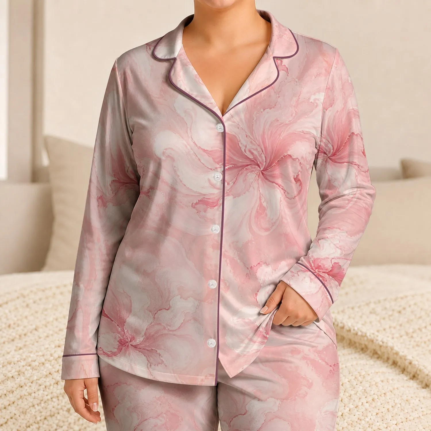 Blush Pink Marble Swirls for Cozy Evenings and Relaxed At-Home Comfort for Women Satin Pajamas Set - 1