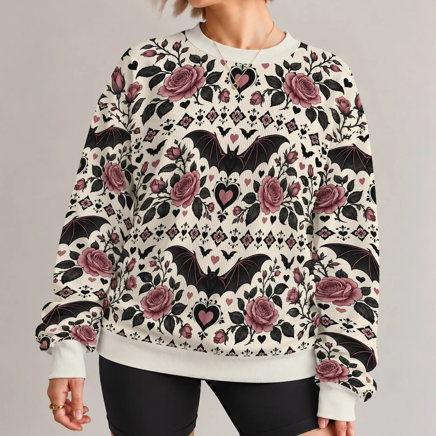 Gothic Bat Rose Heart Motifs for Halloween Parties and Dark Romantic Everyday Style All-over Print Knitted Sweater - 1