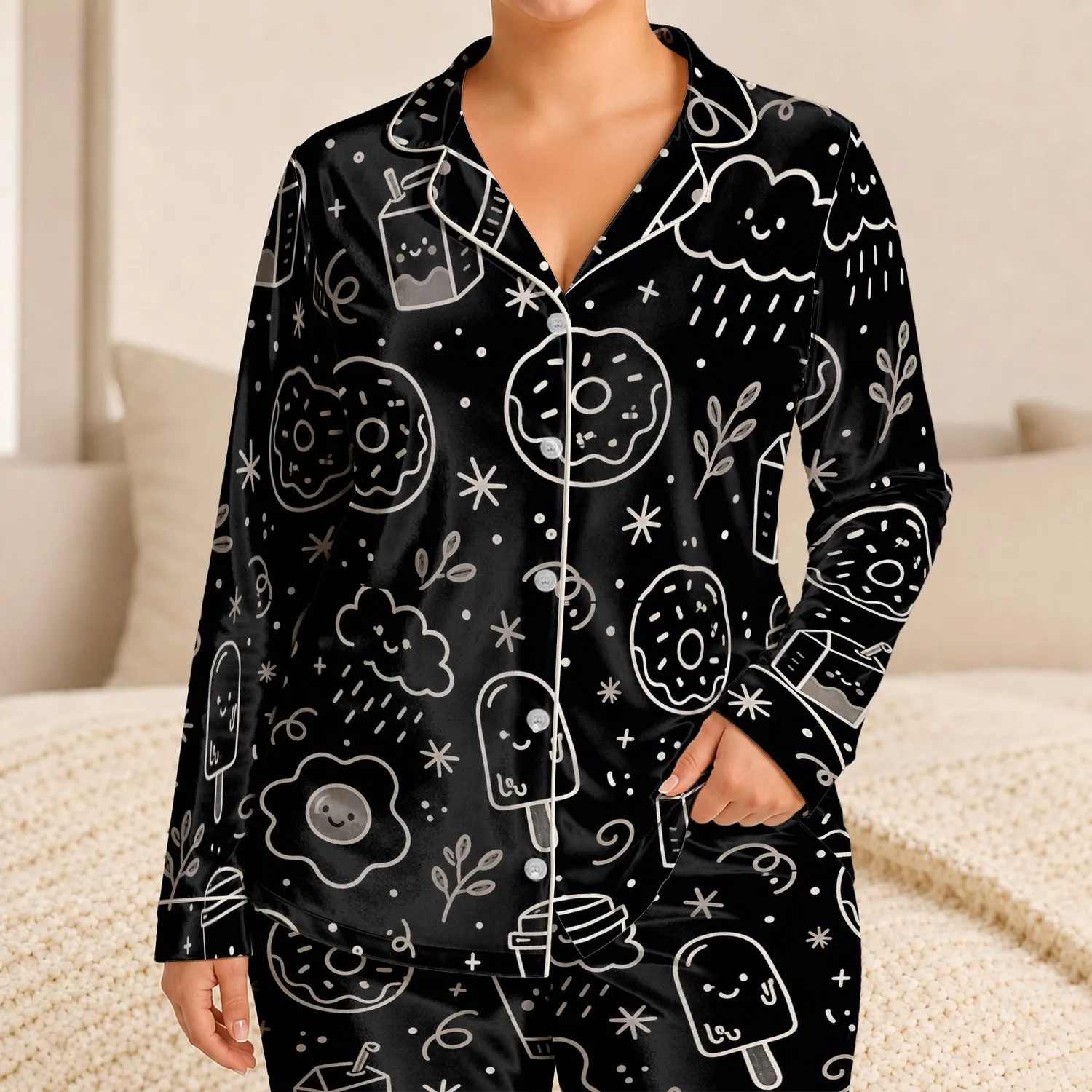 Black Chalky Doodle Snack Motifs for Cozy Lounging, Sleepovers, Weekend At Home Women Satin Pajamas Set - 1