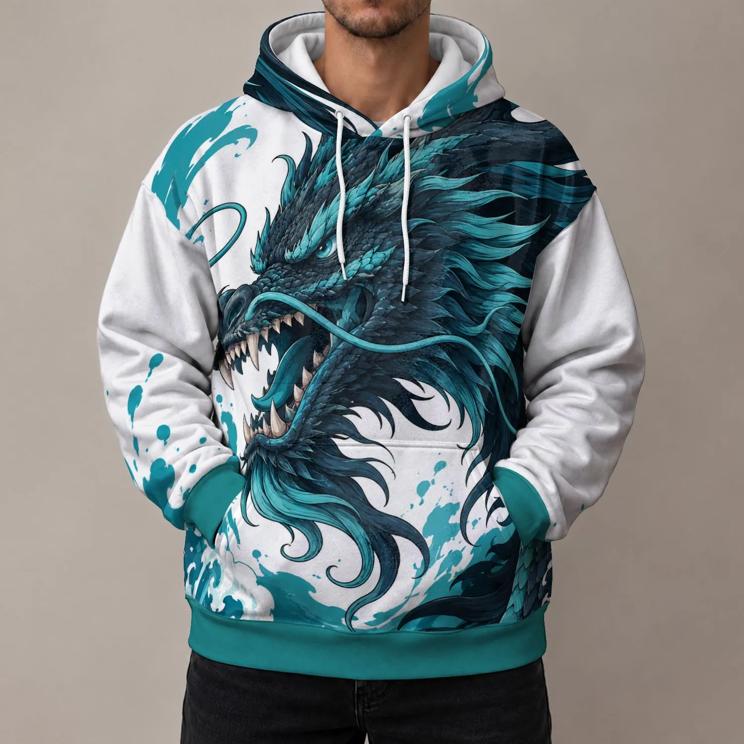 Teal Dragon Artwork for Fitness and Running, Bold Style for Mythical Creature Fans All-over Print Hoodie (Lightweight) - 1