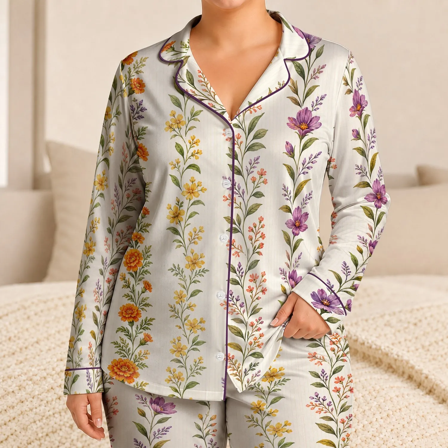 Ivory Boho Floral Summer Loungewear For Relaxed Evenings, Travel, And Gift Giving Satin Pajamas Set - 1