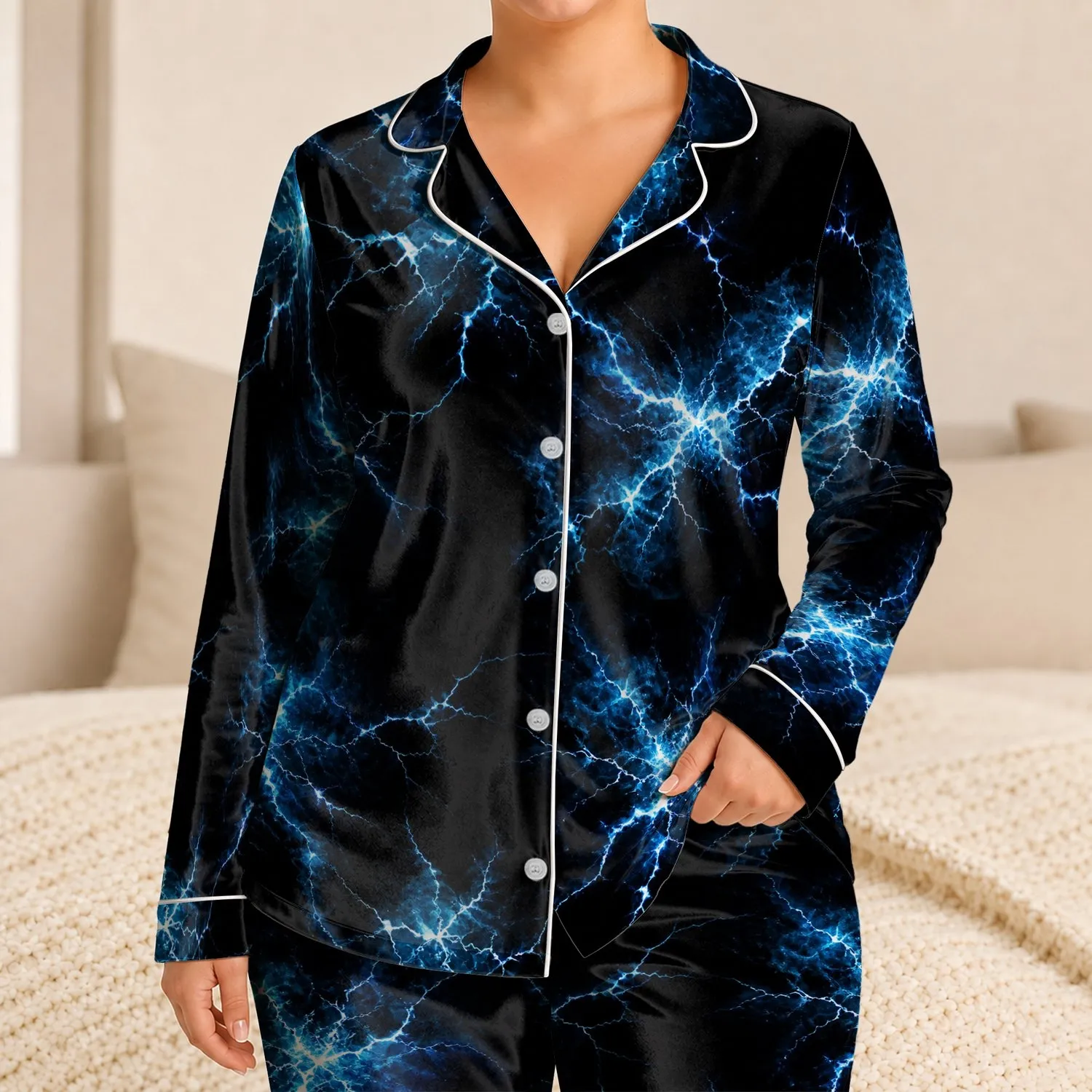 Midnight Black Electric Blue Abstract Lounge Wear For Cybertech Style Enthusiasts Satin Pajamas Set - 1