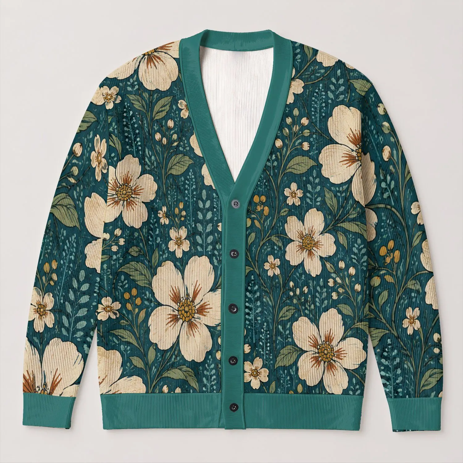 Teal Cream Floral Motif Layering Style For Beach Dates And Casual Days For Women All-over Print Knitted Cardigan - 1