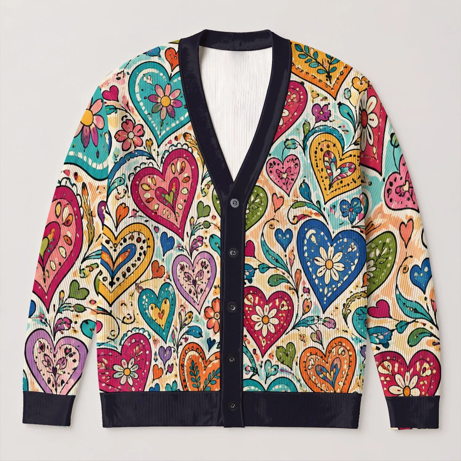 Colorful Heart Motif Boho Style For Women At Spring Beach Trips And Romantic Getaways All-over Print Knitted Cardigan - 1
