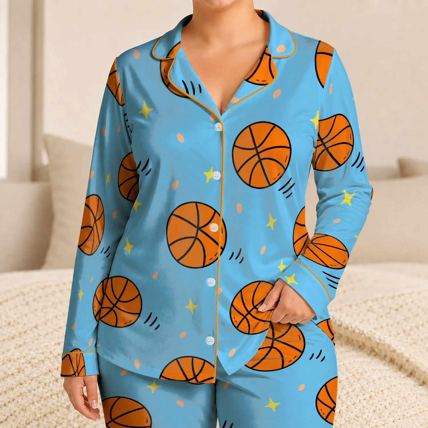 Sky Blue Basketball Motif for Game Nights, Training Days, and Casual Comfort All Day Satin Pajamas Set - 1