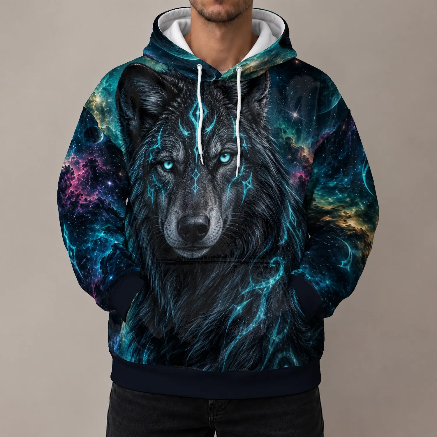 Cyan Rune Wolf Beneath Cosmic Skies for Outdoor Adventure and Free-Spirited Men All-over Print Hoodie (Lightweight) - 1