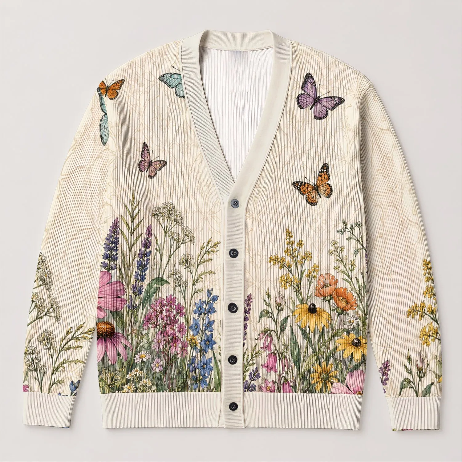 Butterfly Wildflower Meadow Style For Beach Days, Travel And Date Outings For Women All-over Print Knitted Cardigan - 1