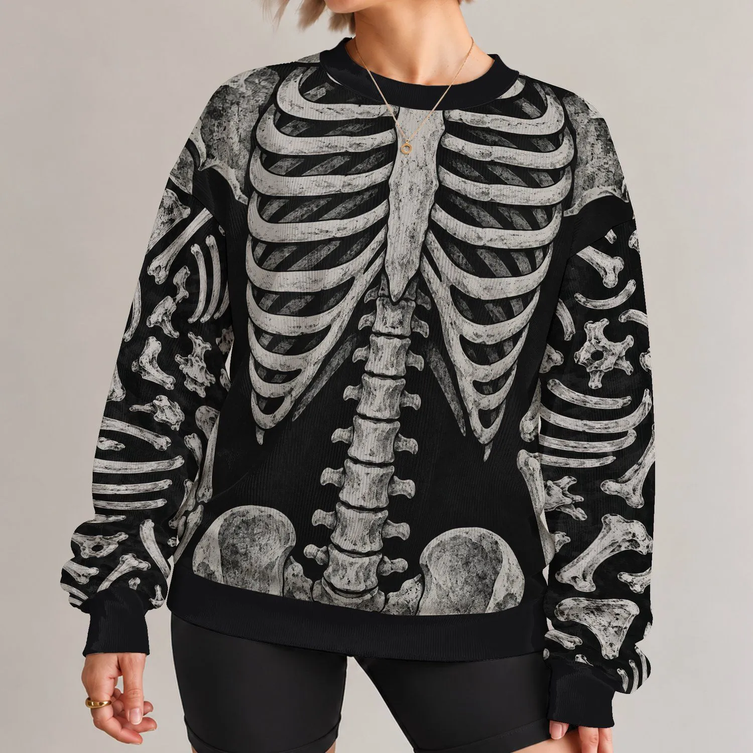Silver Skeleton Bones for Halloween Parties and Bold Dark Seasonal Streetwear Style All-over Print Knitted Sweater - 1