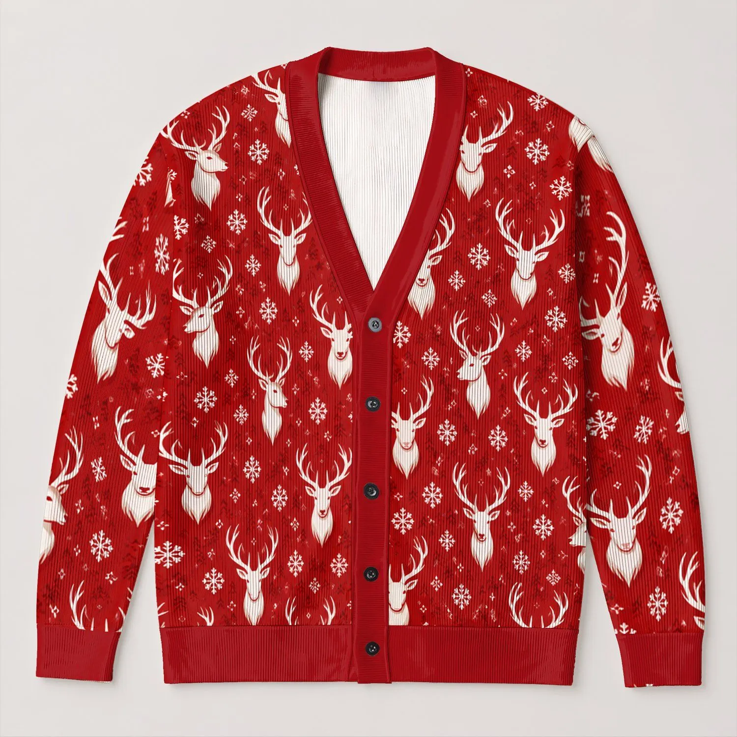 Red Deer Motif Holiday Charm for Cozy Winter Gatherings and Casual Festive Style All-over Print Knitted Cardigan - 1