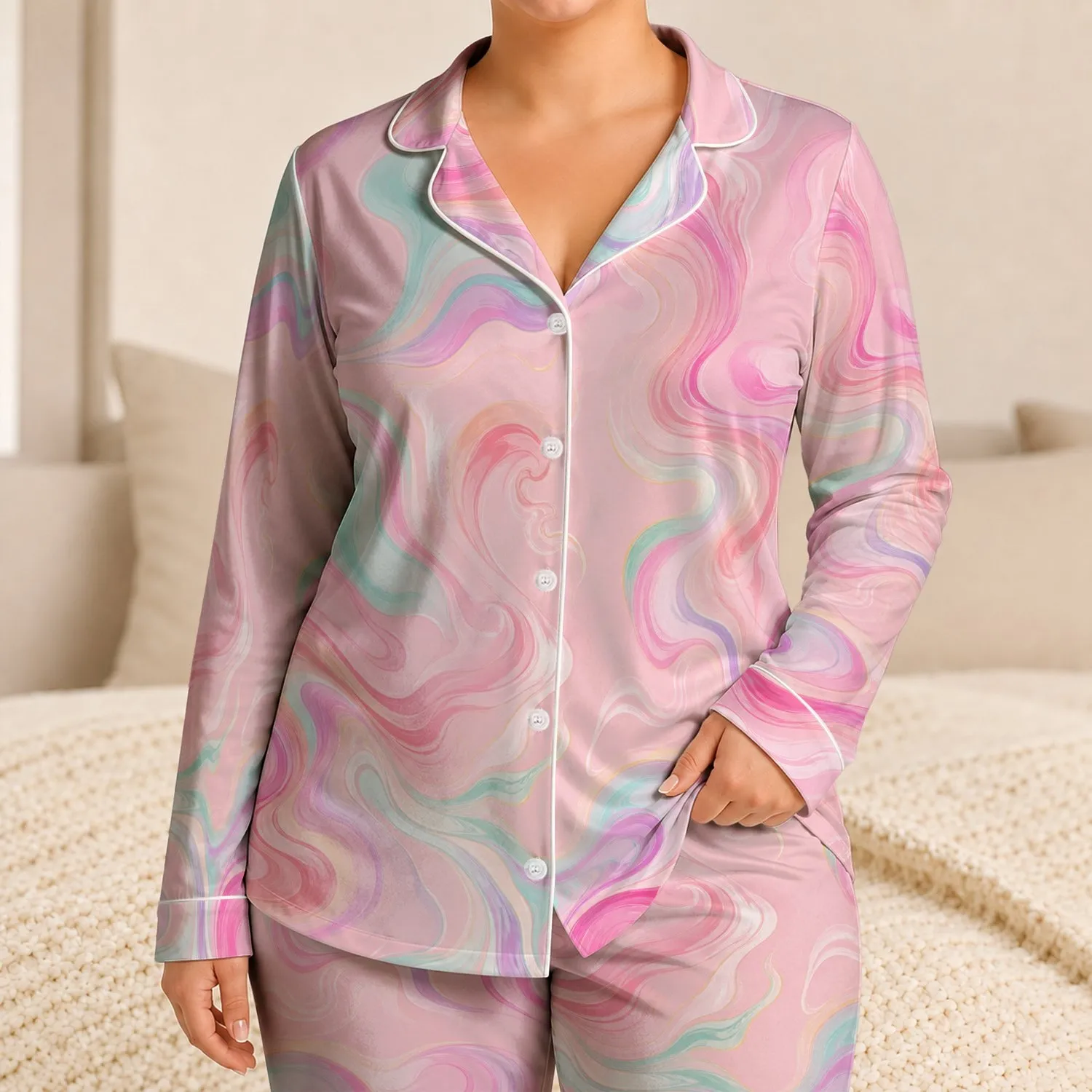Pastel Marble Swirl Lounge Gift For Women, Cozy Home Style, Feminine Vacation Look Satin Pajamas Set - 1