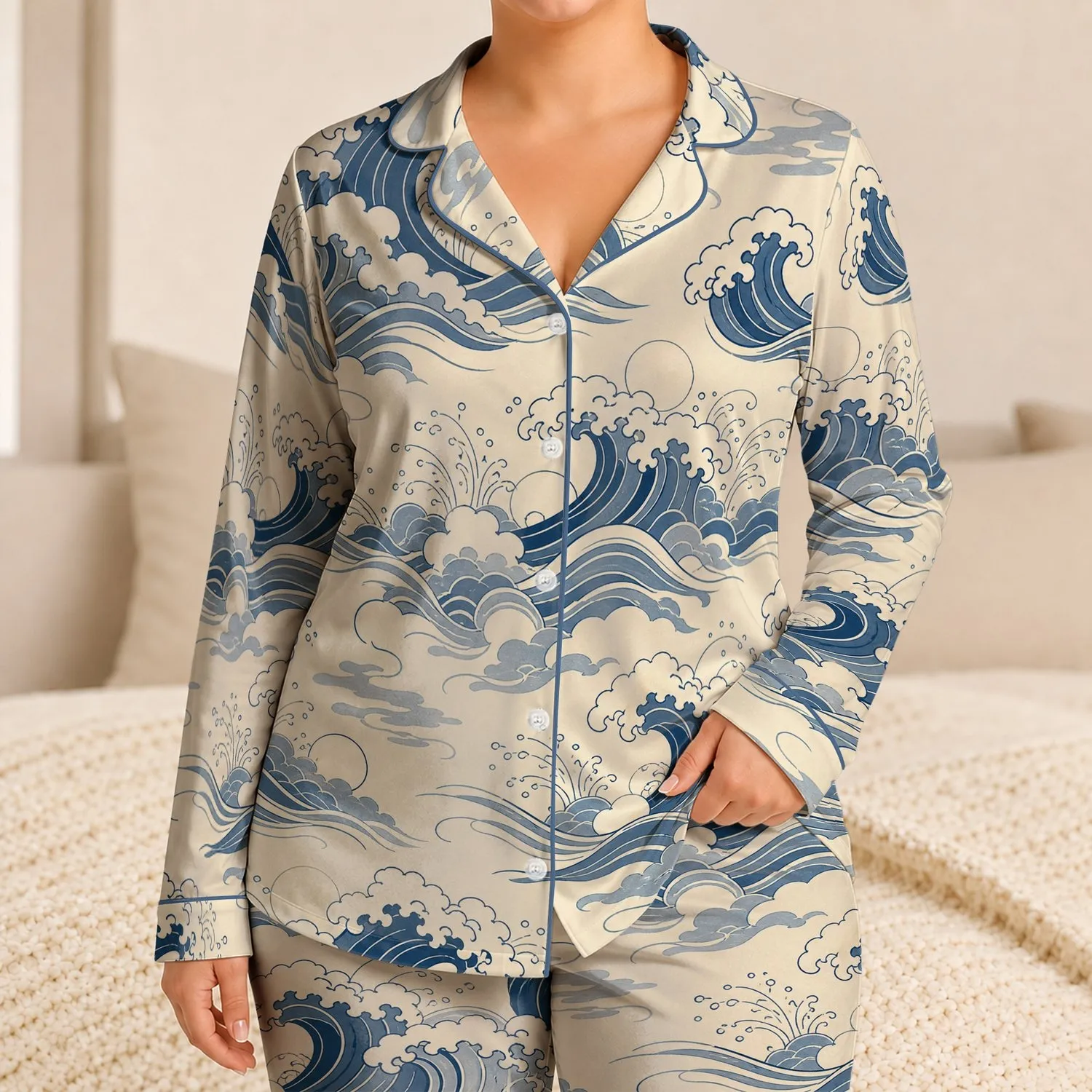 Japanese Wave Coastal Style for Relaxed Evenings, Gift Idea for Women at Home Escape Satin Pajamas Set - 1