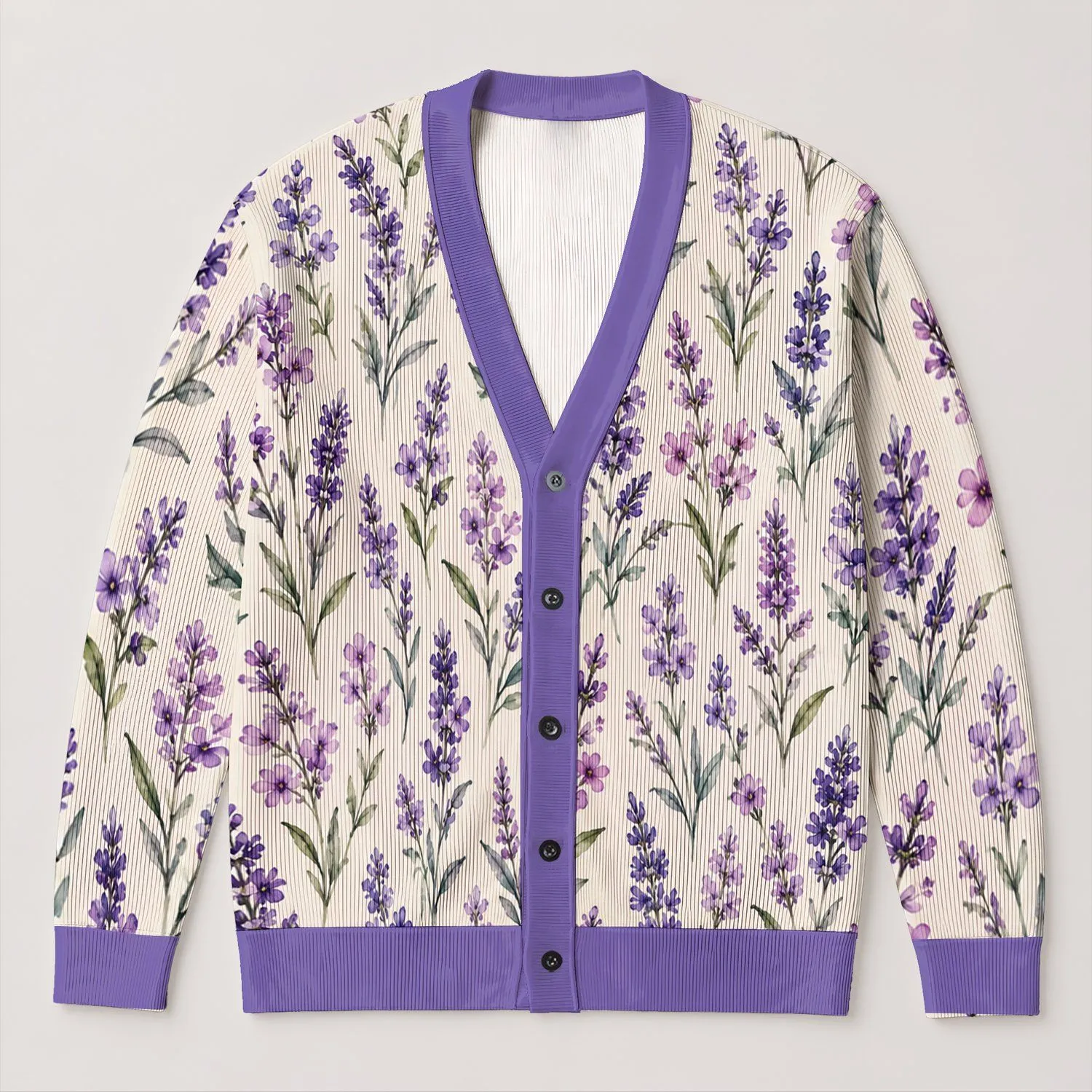Lavender Wildflower Sprigs for Relaxed Autumn Layering and Everyday Women's Style All-over Print Knitted Cardigan - 1