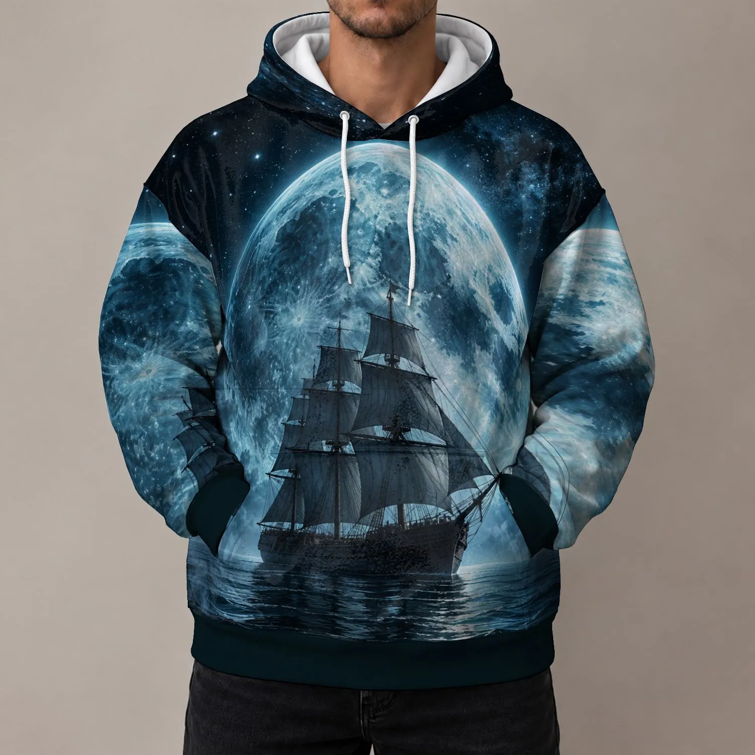 Solitary Sailing Ship Beneath a Moonlit Sky for Quiet Coastal Nights and Ocean Dreamers All-over Print Hoodie (Lightweight) - 1