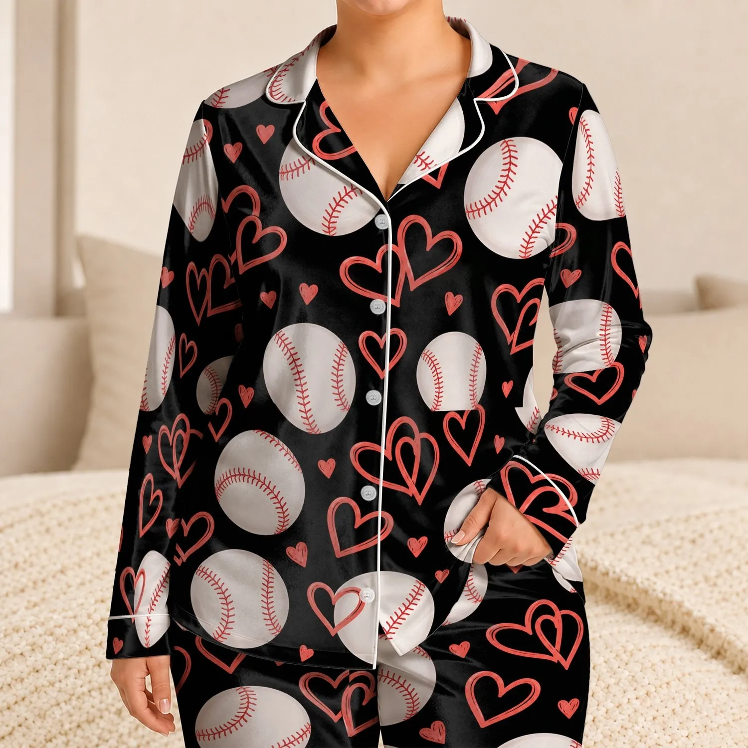 Black Baseballs And Heart Doodles For Cozy Game Nights, Gifts For Athletic Love Fans Satin Pajamas Set - 1