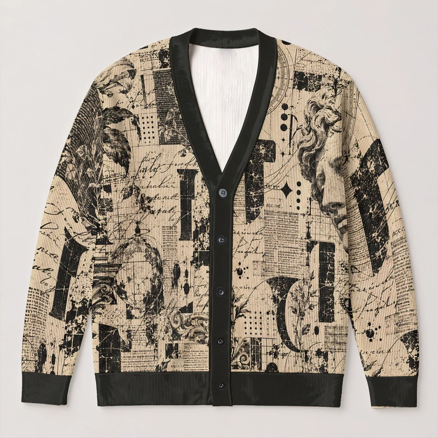 Vintage Newspaper Alien Collage for Everyday Streetwear and Curious Teenagers Style All-over Print Knitted Cardigan - 1