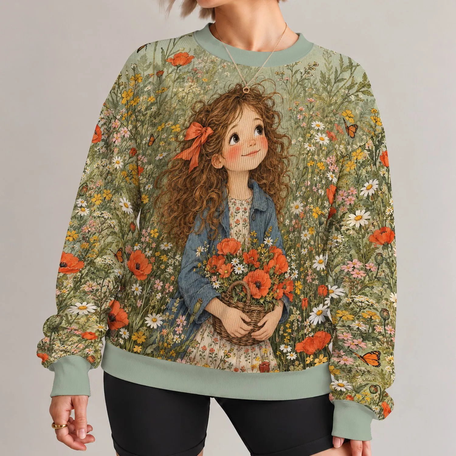 Storybook Flower Gathering Girl for Spring Garden Walks and Nature Loving Women All-over Print Knitted Sweater - 1