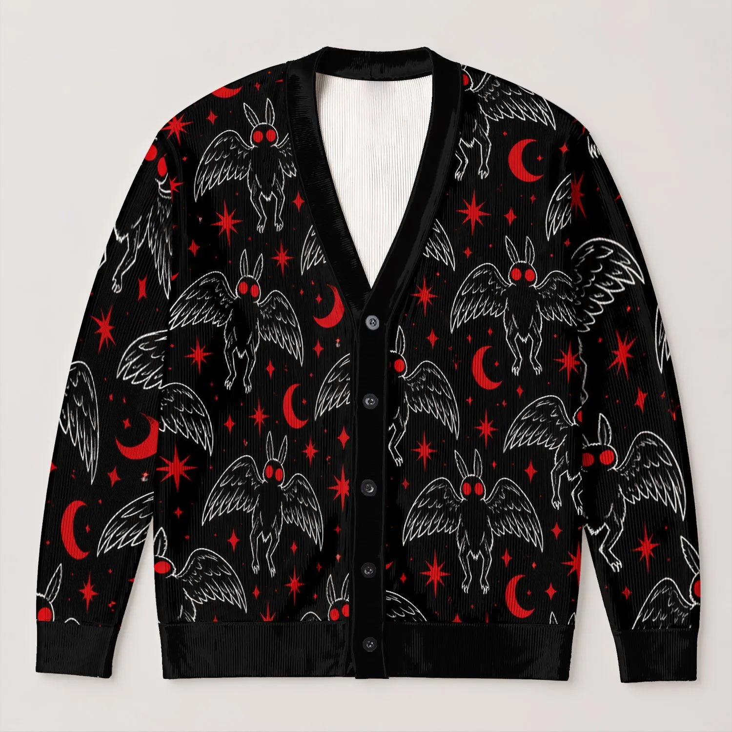 Mothman Crescent Moons for Halloween Nights and Everyday Gothic Style Lovers All-over Print Knitted Cardigan - 1