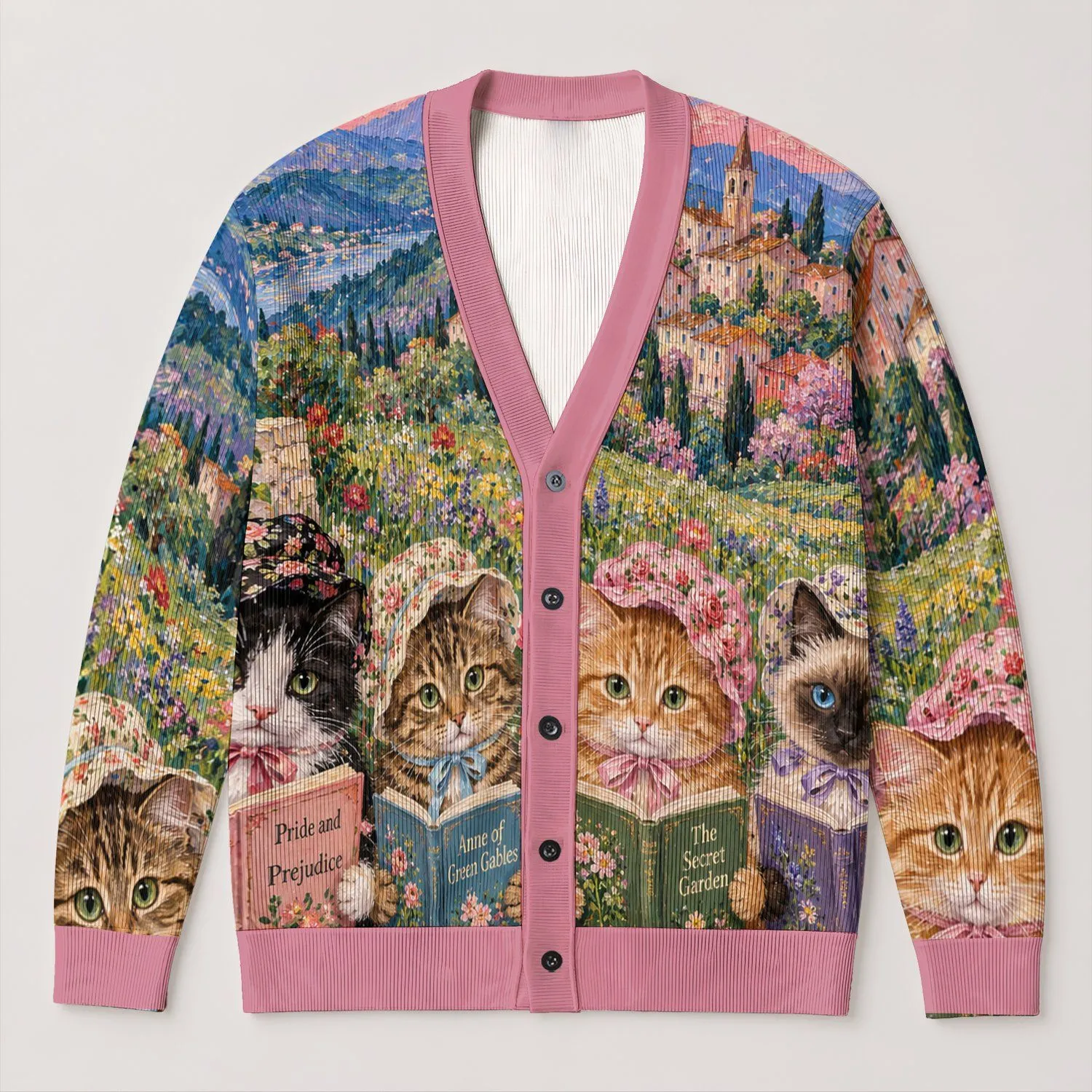 Four Reading Cats Beneath a Starry Village Sky for Cozy Autumn Evenings and Book Lovers All-over Print Knitted Cardigan - 1