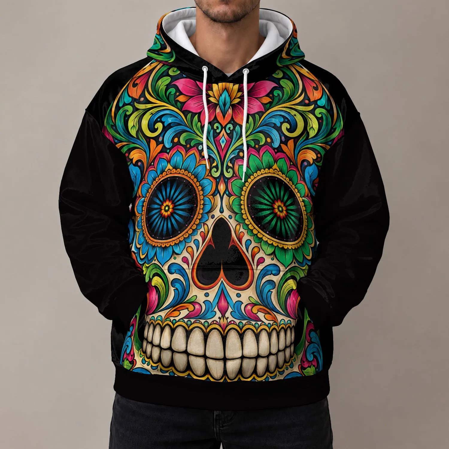 Colorful Sugar Skull for Festive Day of the Dead Celebrations and Everyday Wear All-over Print Hoodie (Lightweight) - 1
