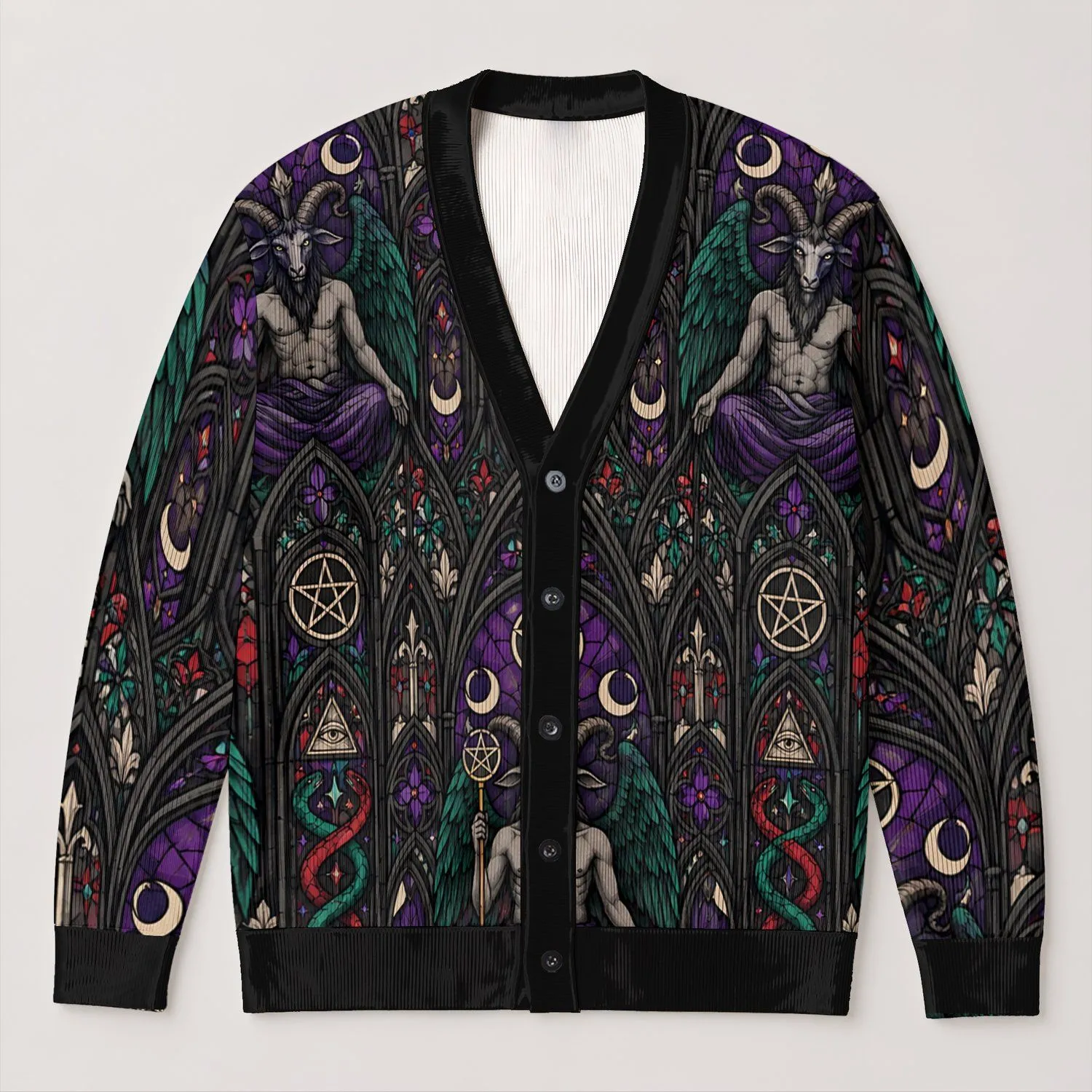 Stained Glass Goat and Pentagram Halloween Scene for Teen Alternative Daily Wear All-over Print Knitted Cardigan - 1