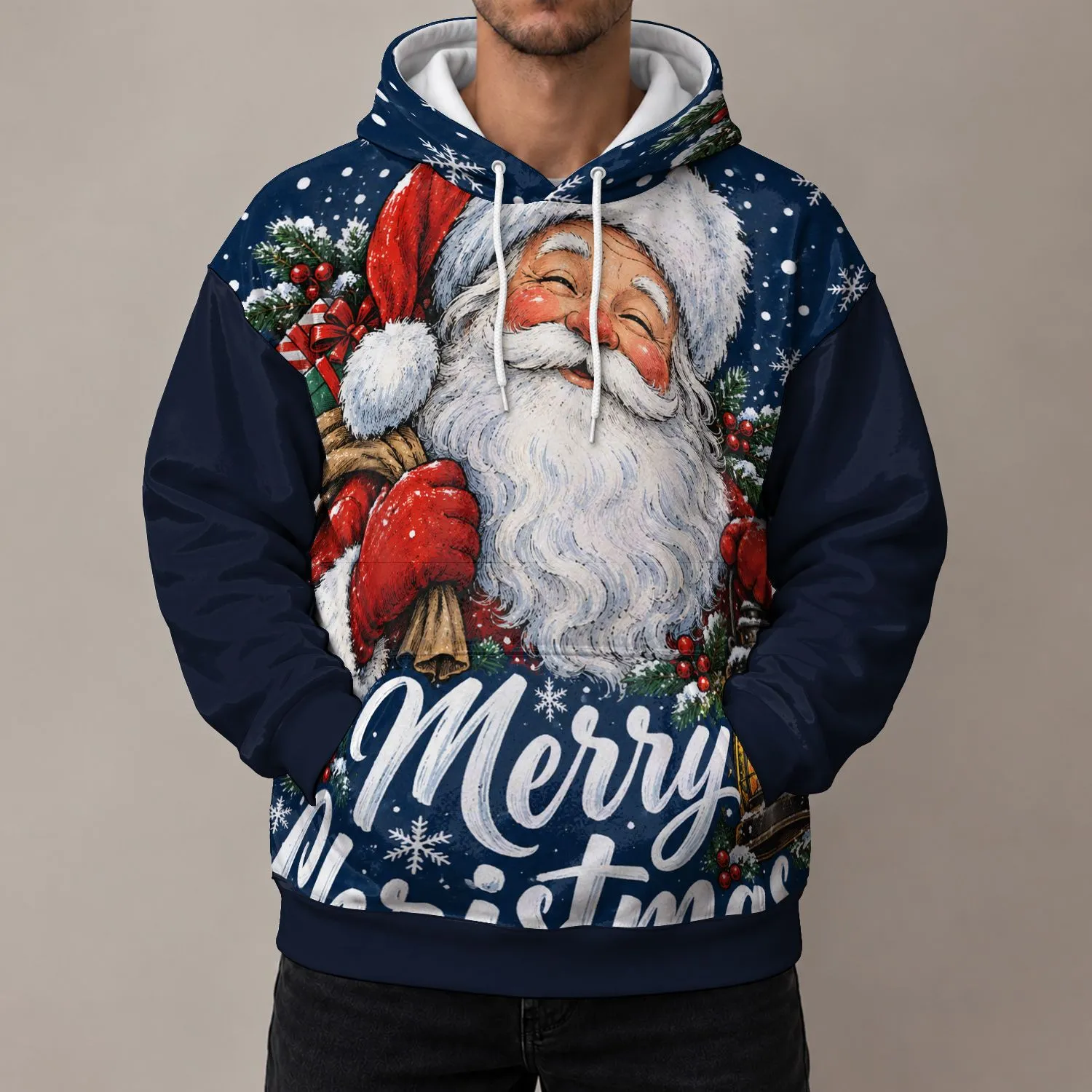 Smiling Santa Merry Christmas Artwork for Festive Holiday Cheer and Winter Celebrations All-over Print Hoodie (Lightweight) - 1