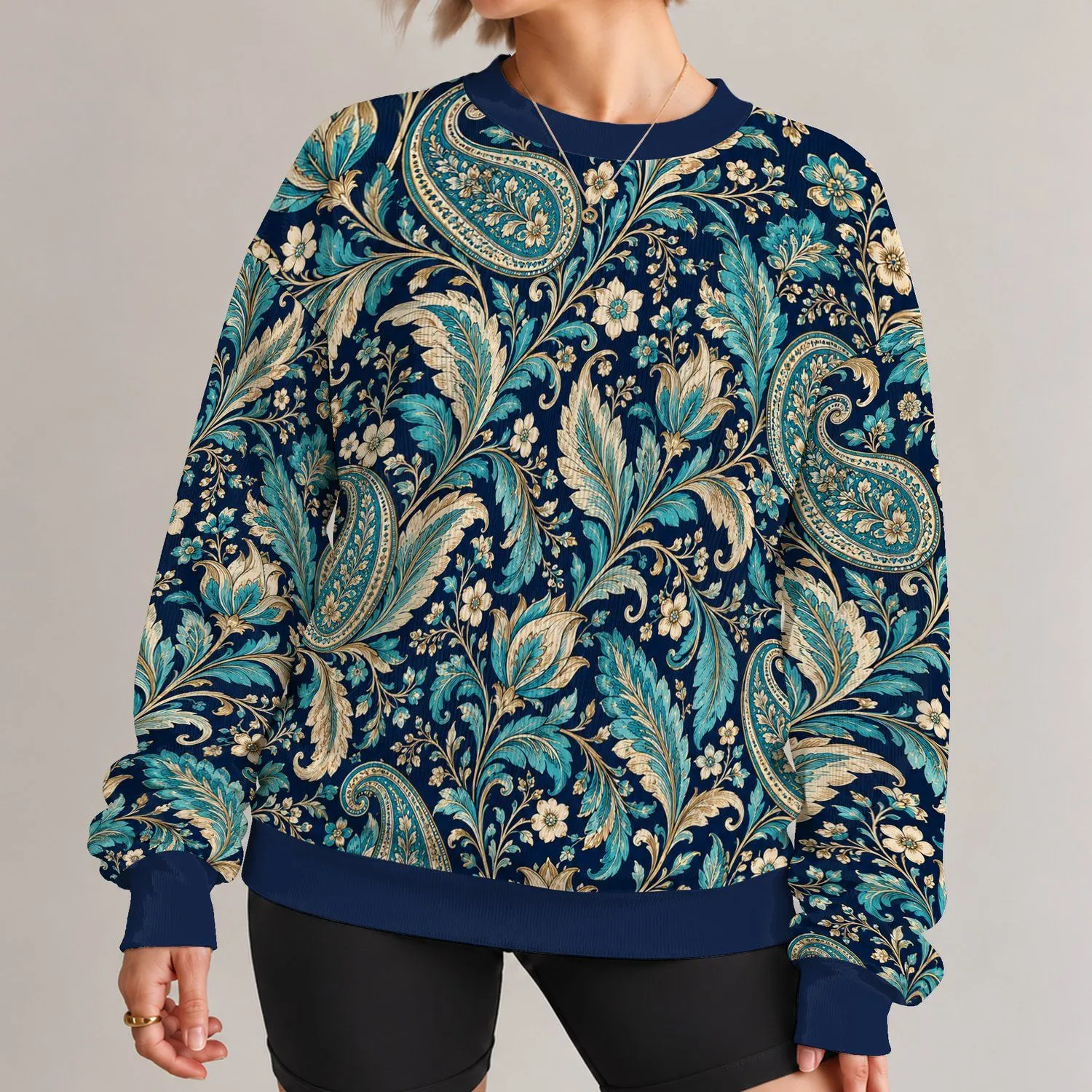 Navy Teal Paisley Florals for Vintage-Inspired Casual Style All-over Print Knitted Sweater - 1