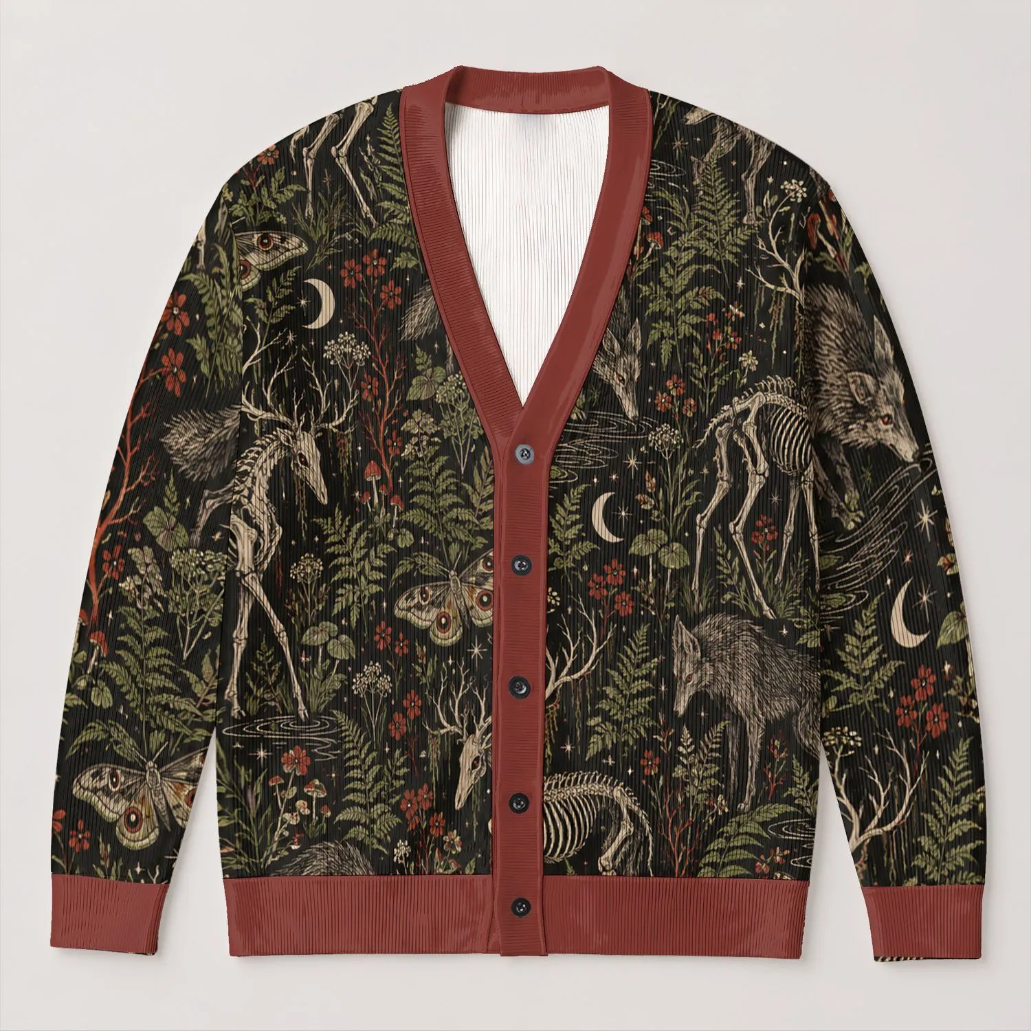Forest Cryptid Moonlit Wildflowers for Halloween Night Walks and Autumn Layering All-over Print Knitted Cardigan - 1
