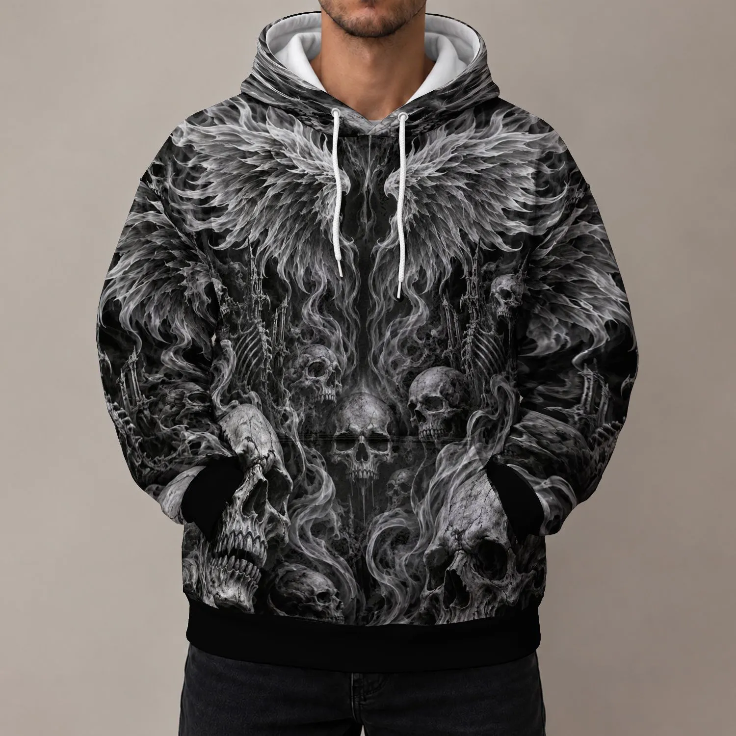 Gothic Skull And Flame Wings For Dark Alternative Streetwear And Everyday Wear All-over Print Hoodie (Lightweight) - 1