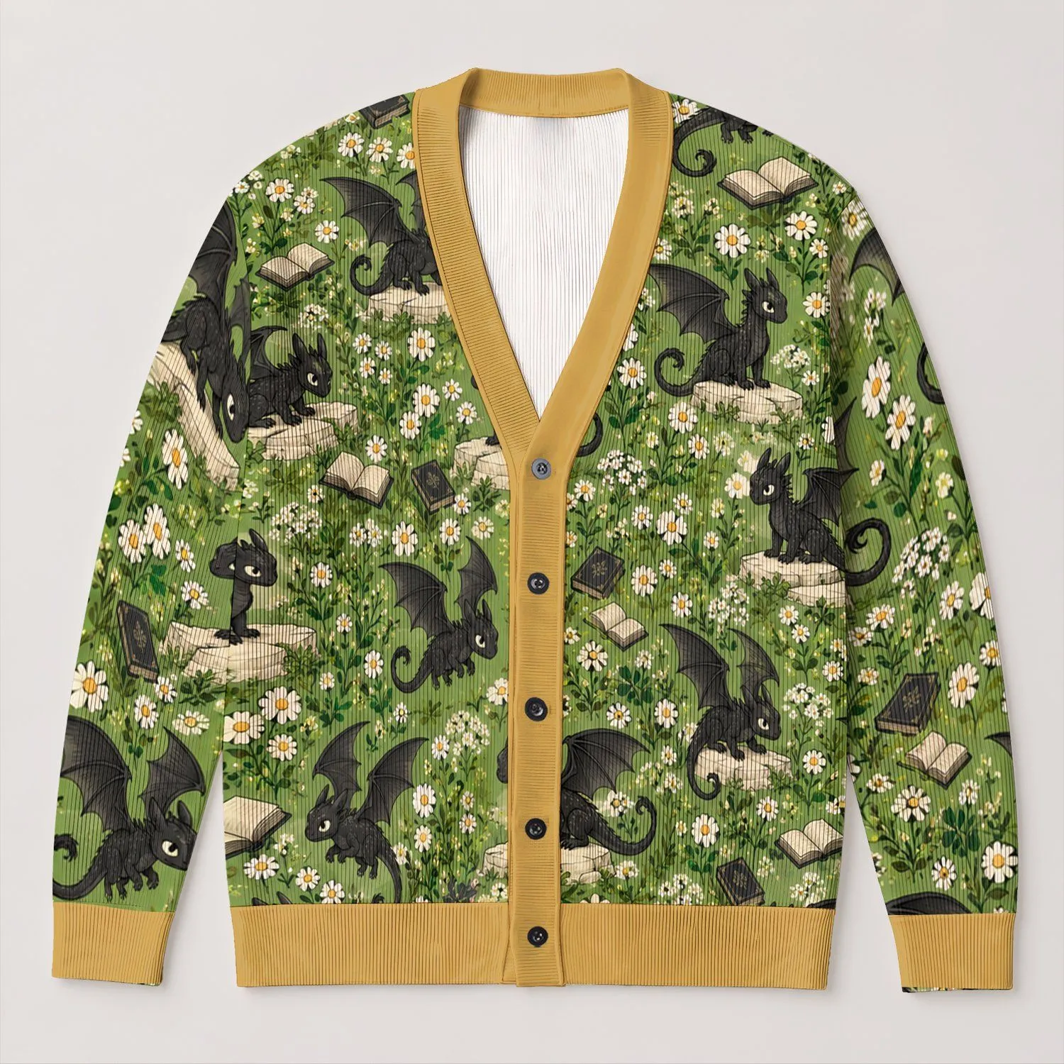 Black Baby Dragons and Wildflowers for Whimsical Everyday Layering for Teenagers All-over Print Knitted Cardigan - 1
