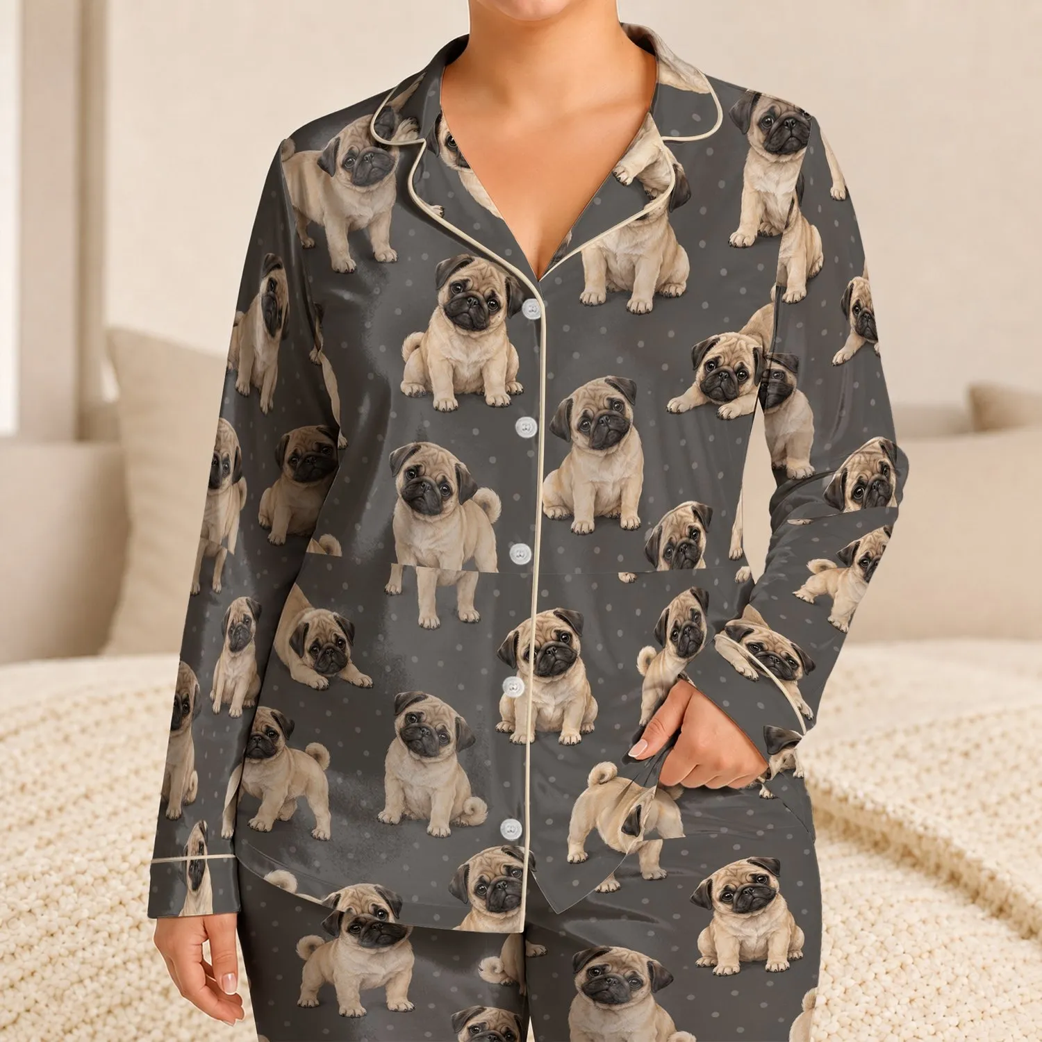 Adorable Fawn Pug Dogs for Cozy Evenings, Relaxed Weekends, and Dog Lover Gifts Satin Pajamas Set - 1