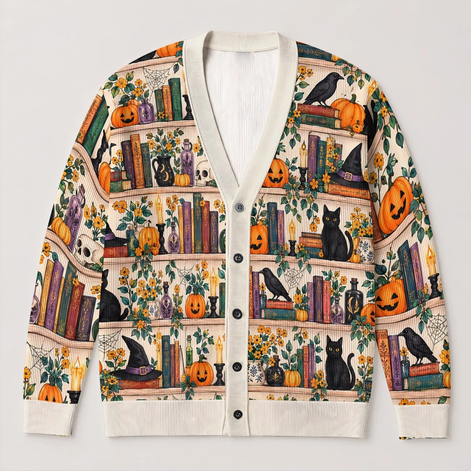 Halloween Bookshelves, Pumpkins and Black Cats for Cozy Autumn Reading and Fall Style All-over Print Knitted Cardigan - 1