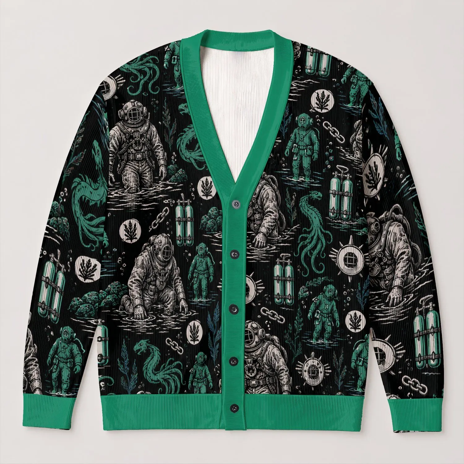 Retro Deep Sea Divers and Sea Creatures for Sci-Fi Everyday Layering and Teen Style All-over Print Knitted Cardigan - 1