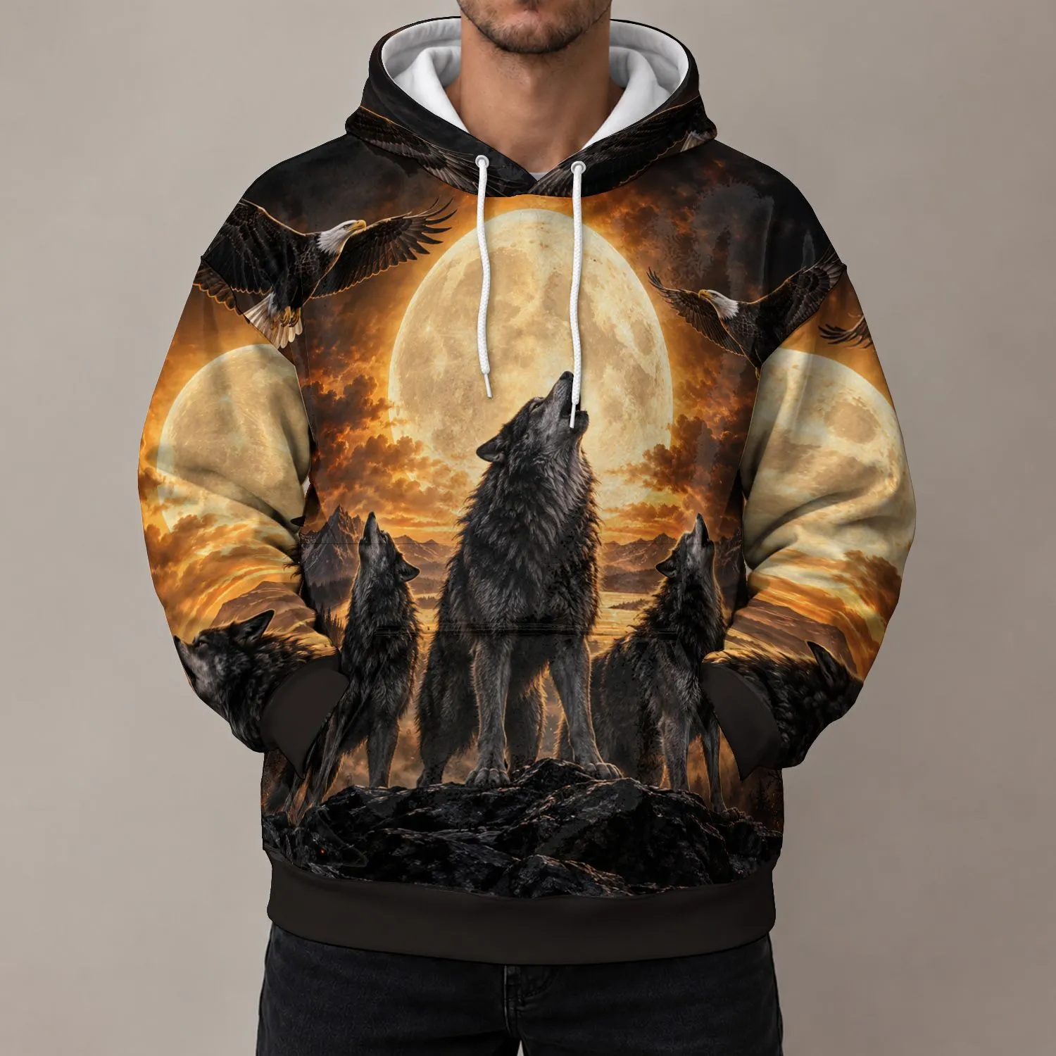 Howling Wolf Pack and Eagles at Moonrise for Outdoor Adventure and Nature Lovers All-over Print Hoodie (Lightweight) - 1