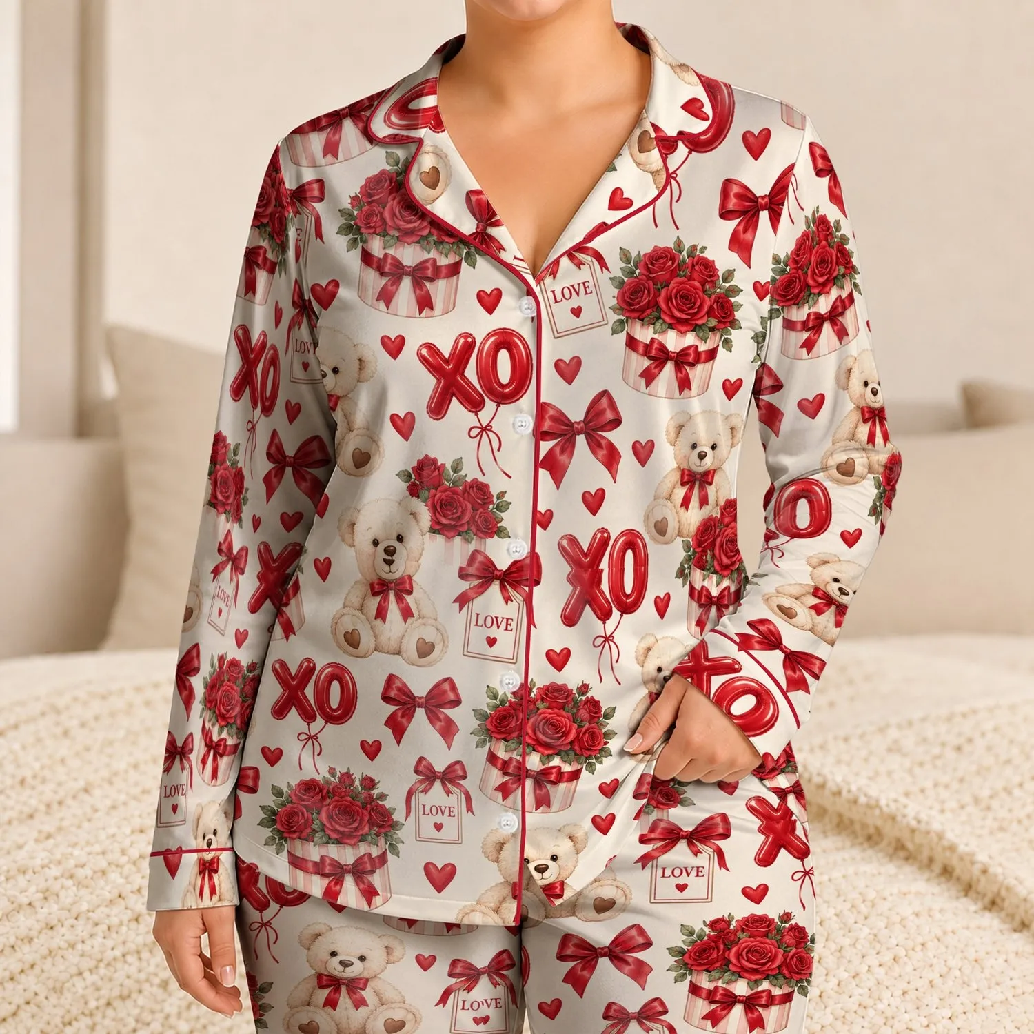 Teddy Bears, Rose Gifts and Red Bows for Cozy Valentine’s Day at Home for Women Satin Pajamas Set - 1