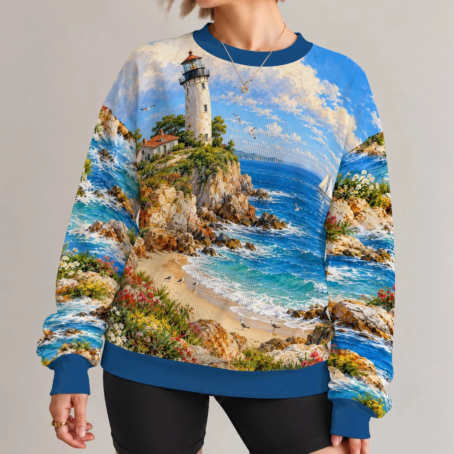 Coastal Lighthouse Seascape for Relaxed Summer Days by the Shore All-over Print Knitted Sweater - 1
