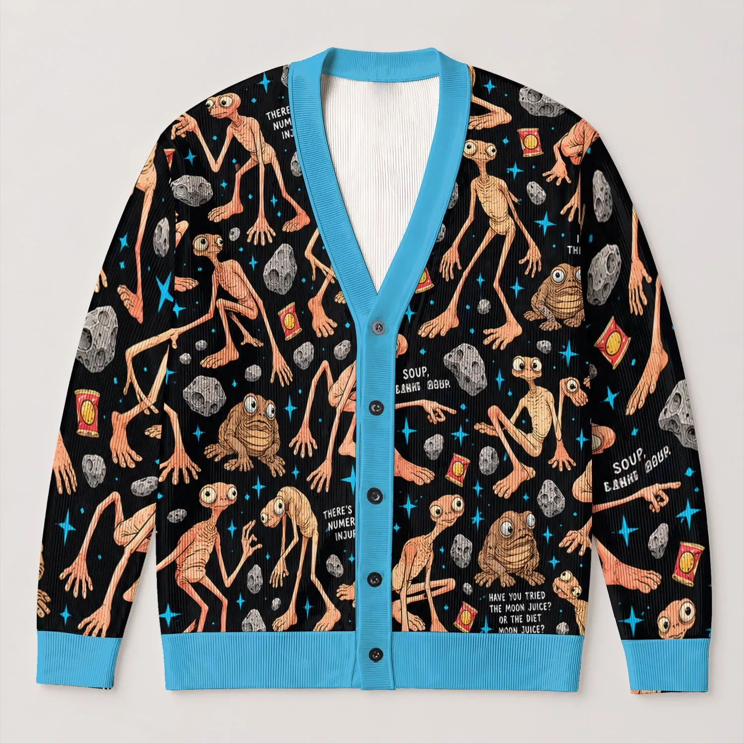 Quirky Long-Limbed Aliens for Halloween Parties and Everyday Cosmic Casualwear All-over Print Knitted Cardigan - 1