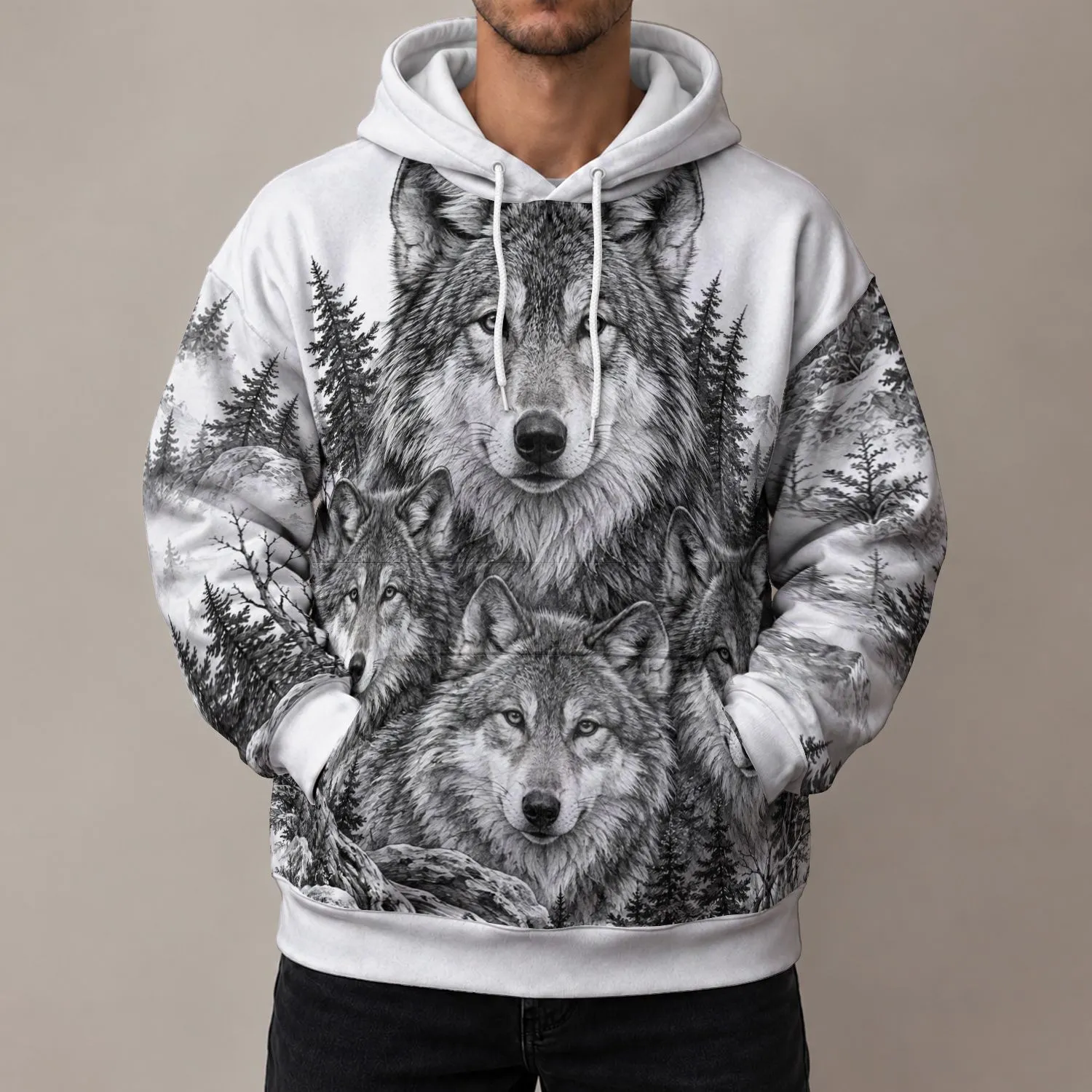 Realistic Wolf Pack Forest Portrait for Outdoor Adventure and Wilderness Lovers All-over Print Hoodie (Lightweight) - 1