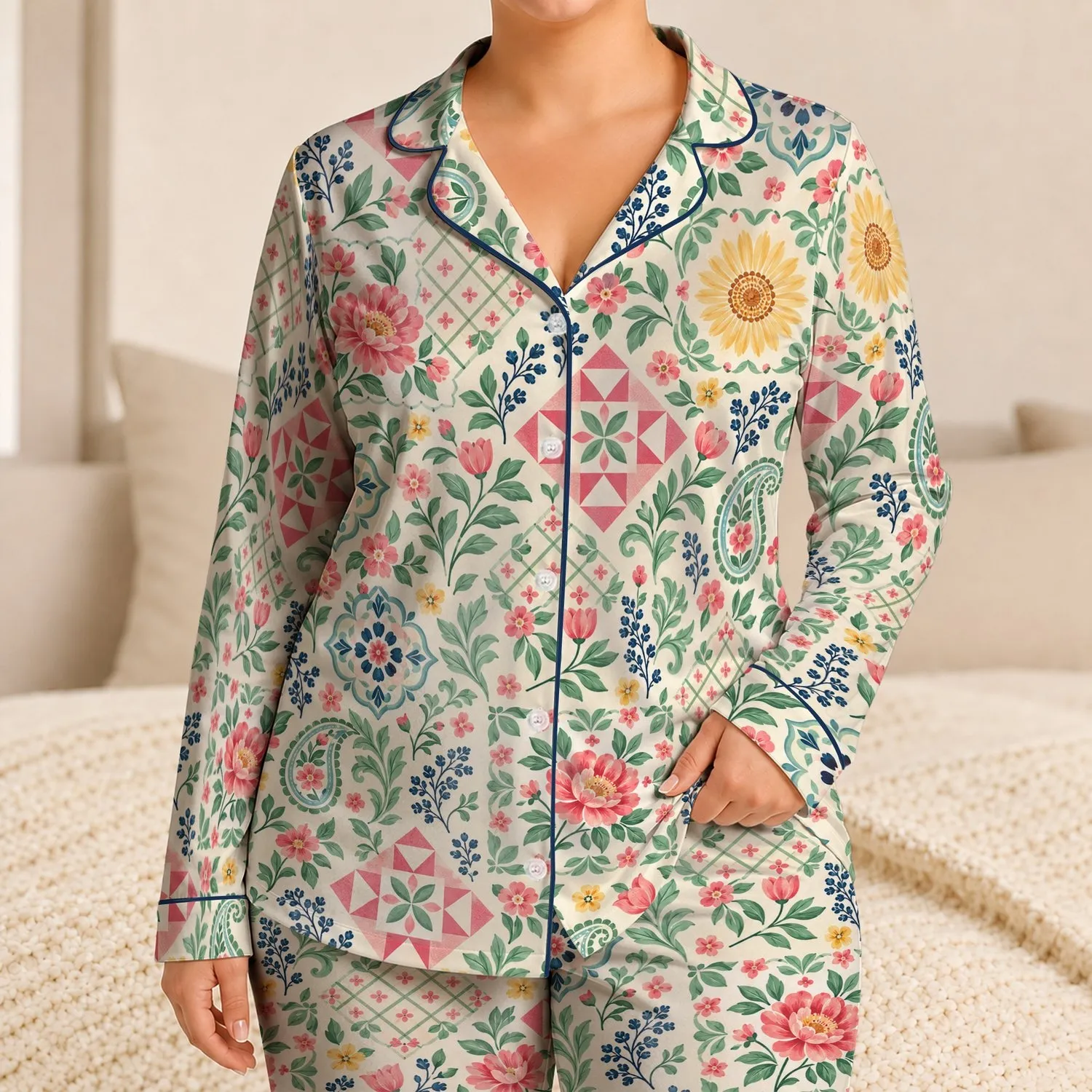 Colorful Patchwork Florals for Cozy Evenings at Home and Relaxed Weekend Lounging for Women Satin Pajamas Set - 1