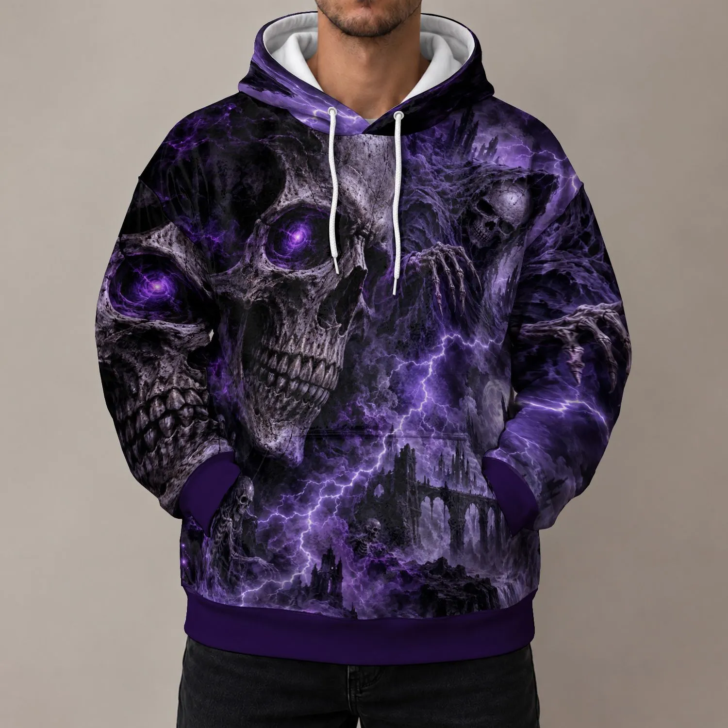 Purple Skull And Electric Storm Art For Alternative Style And Nighttime Adventures All-over Print Hoodie (Lightweight) - 1