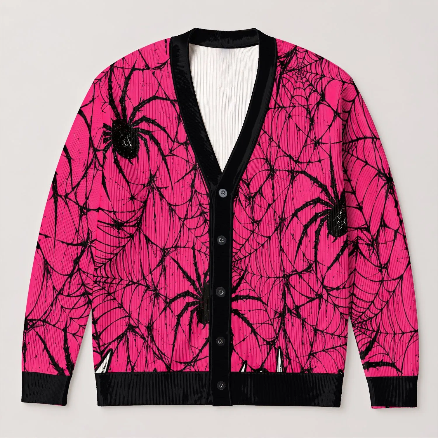 Hot Pink Spiderwebs and Punk Spiders for Halloween Alternative Teen Style All-over Print Knitted Cardigan - 1