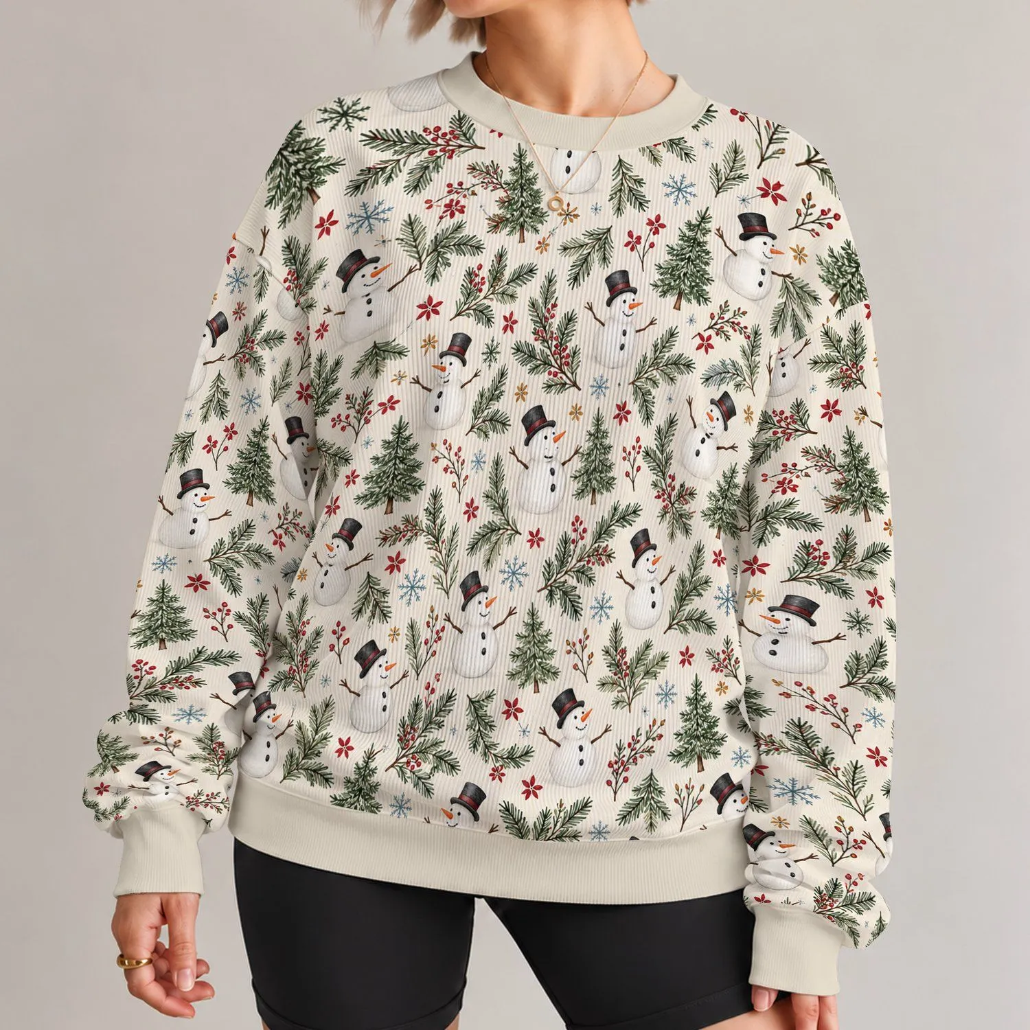 Whimsical Snowmen Among Evergreen Trees for Cozy Christmas and Winter Gatherings All-over Print Knitted Sweater - 1