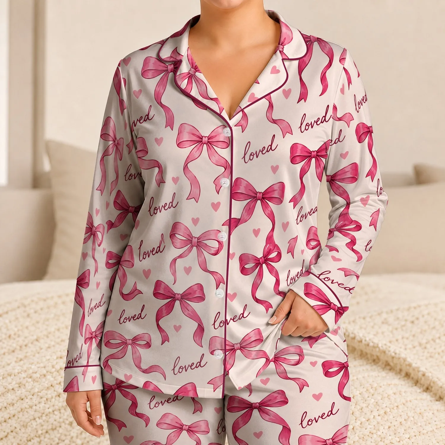 Rose Pink Ribbon Bows for Romantic Valentine Mornings and Cozy Evenings at Home for Her Satin Pajamas Set - 1